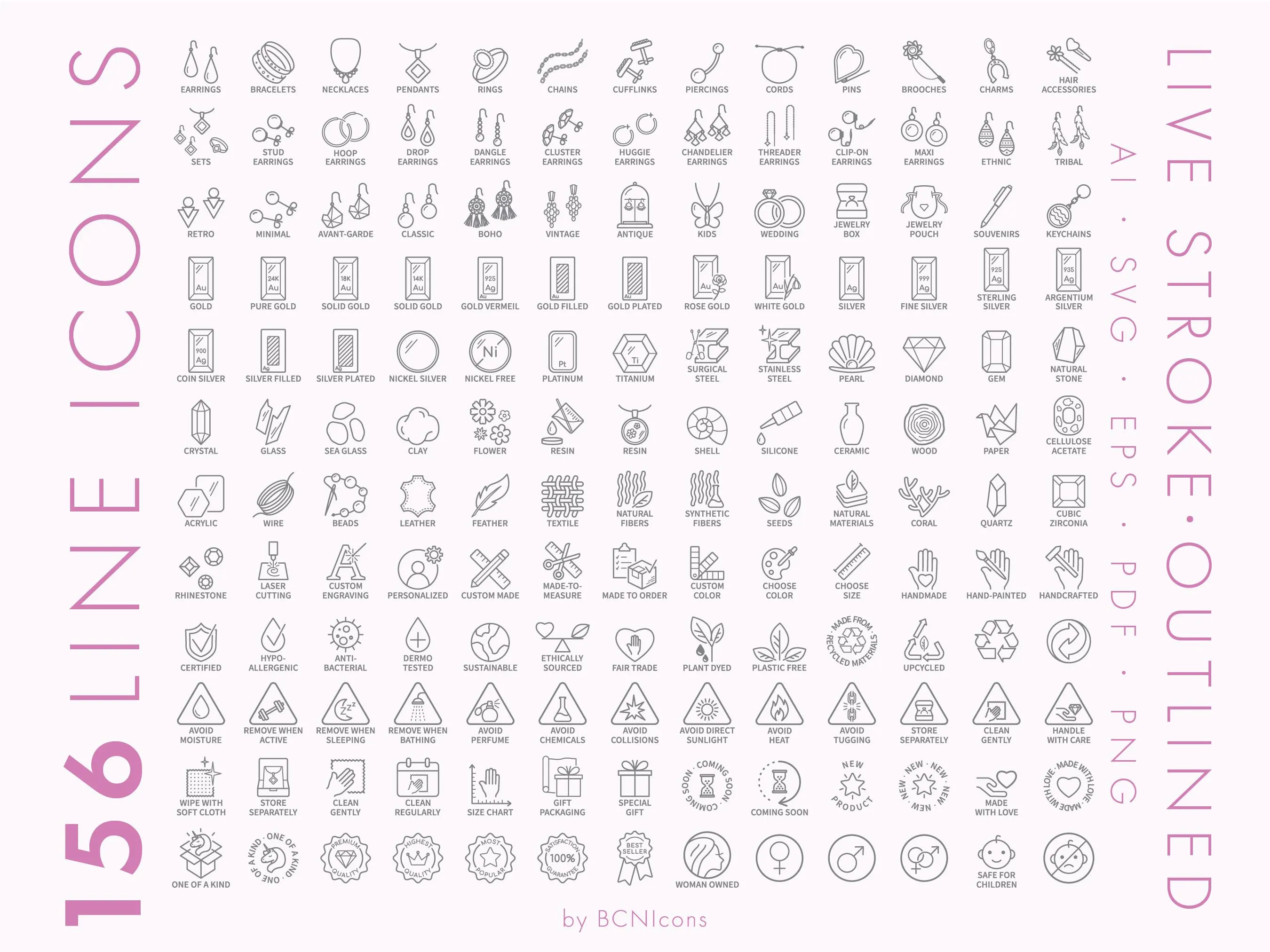 Jewelry Line Icons Vol. 05 MEGA PACK svg, Minimalist Jewellery Clipart, Bijouterie Accessories Material Product Symbol Vector Icons - image 3