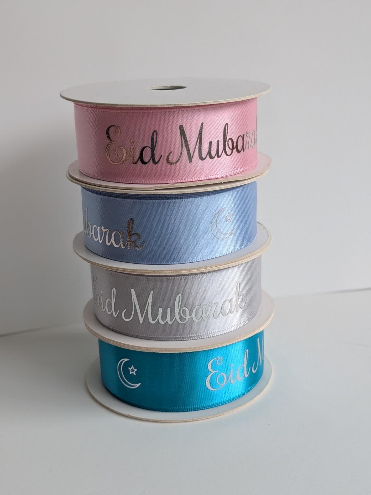 Tariff Free- Eid Mubarak Ribbon: Silver Foil Gift Wrapping, 25mm