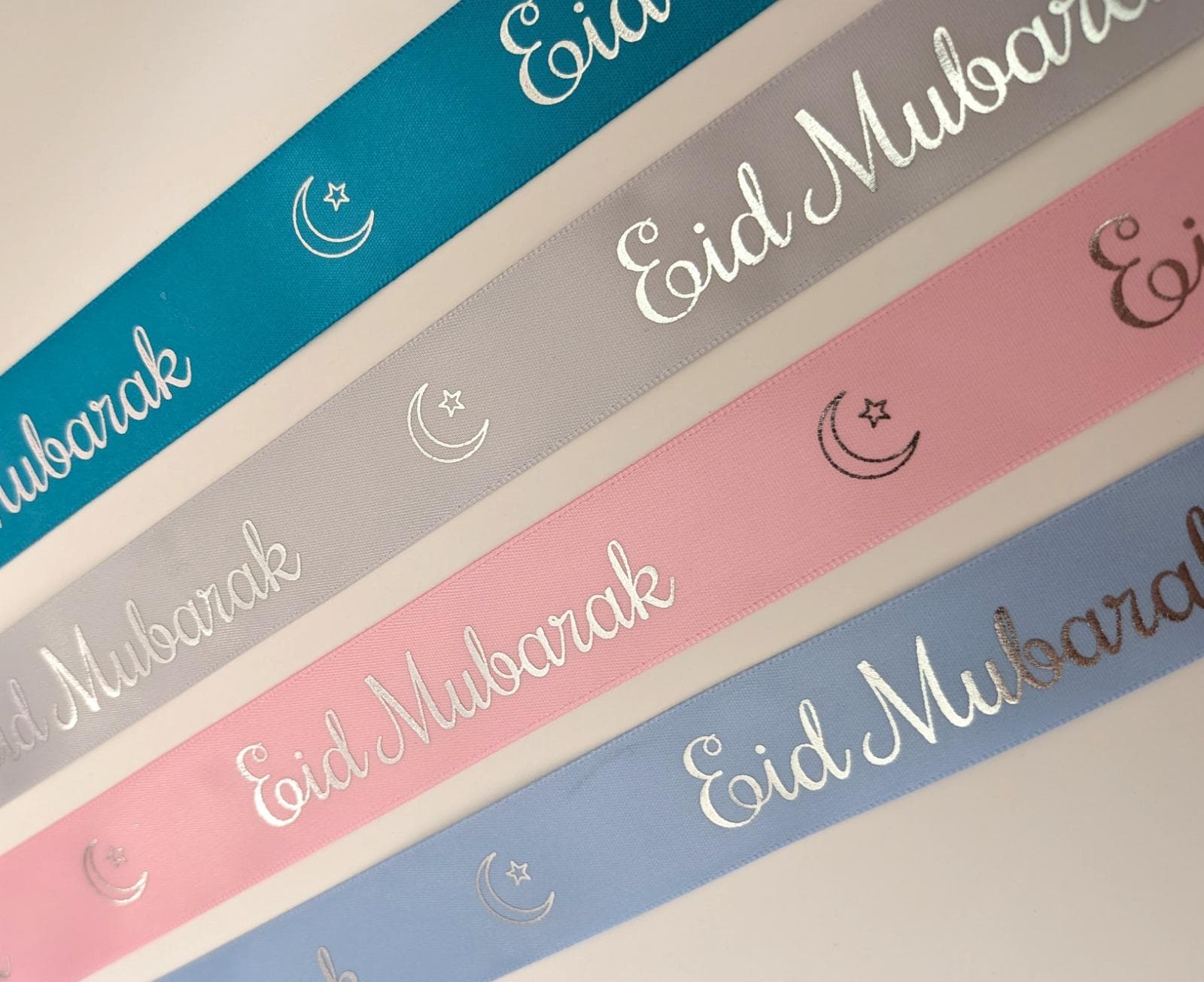 Tariff Free- Eid Mubarak Ribbon: Silver Foil Gift Wrapping, 25mm - image 2