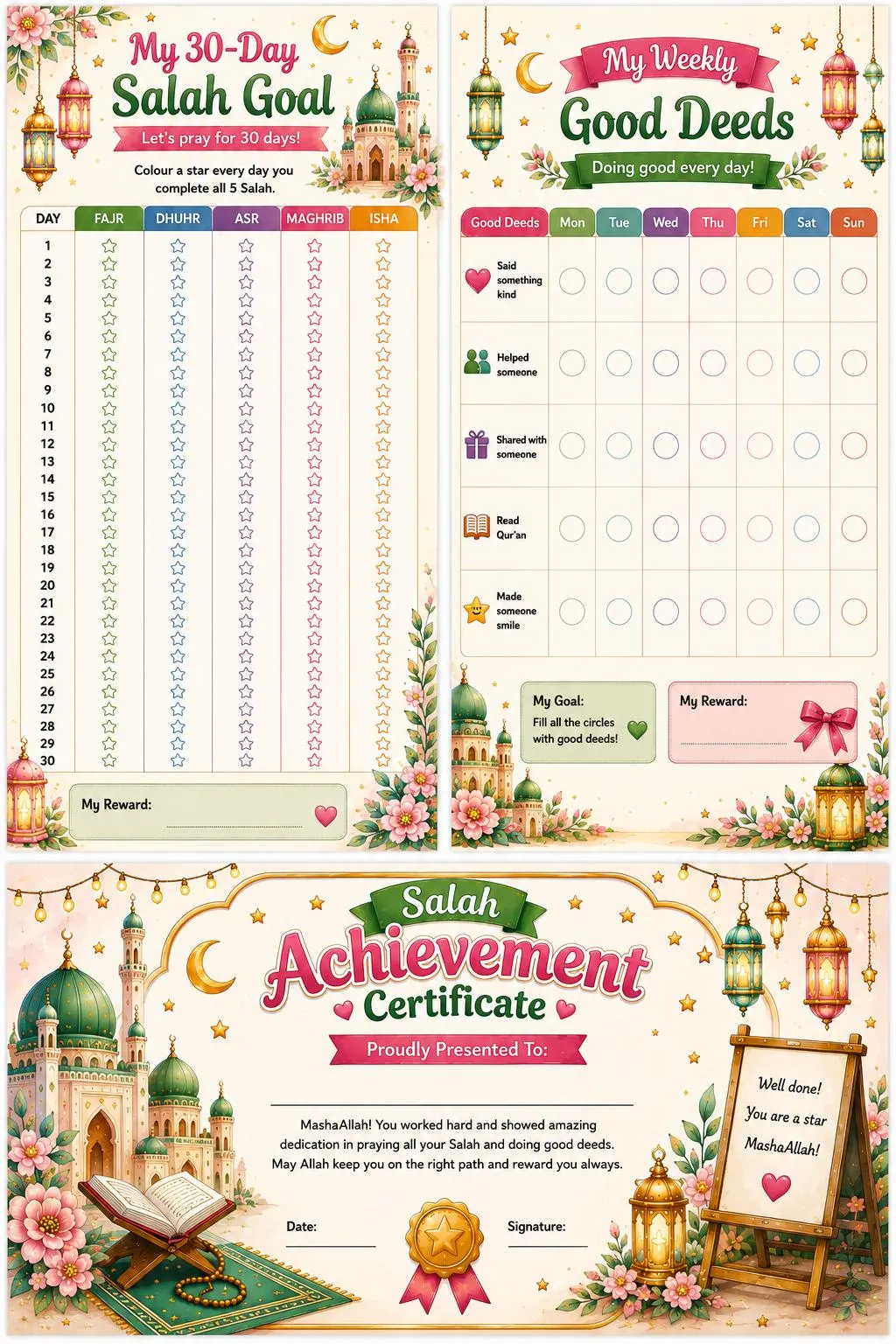 Kids Salah Reward Chart | 30-Day Salah Tracker, Good Deeds and Achievement Certificate | Islamic School & Madrassah Printable - image 3