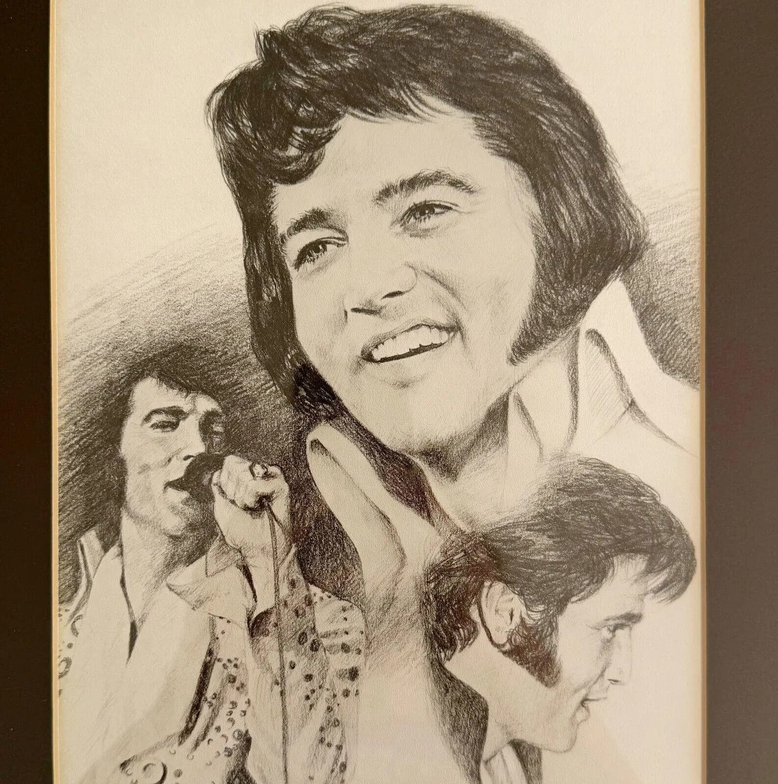 Penny Alexander Elvis Presley Framed Pencil Lithograph Art Print 1978 Music SS