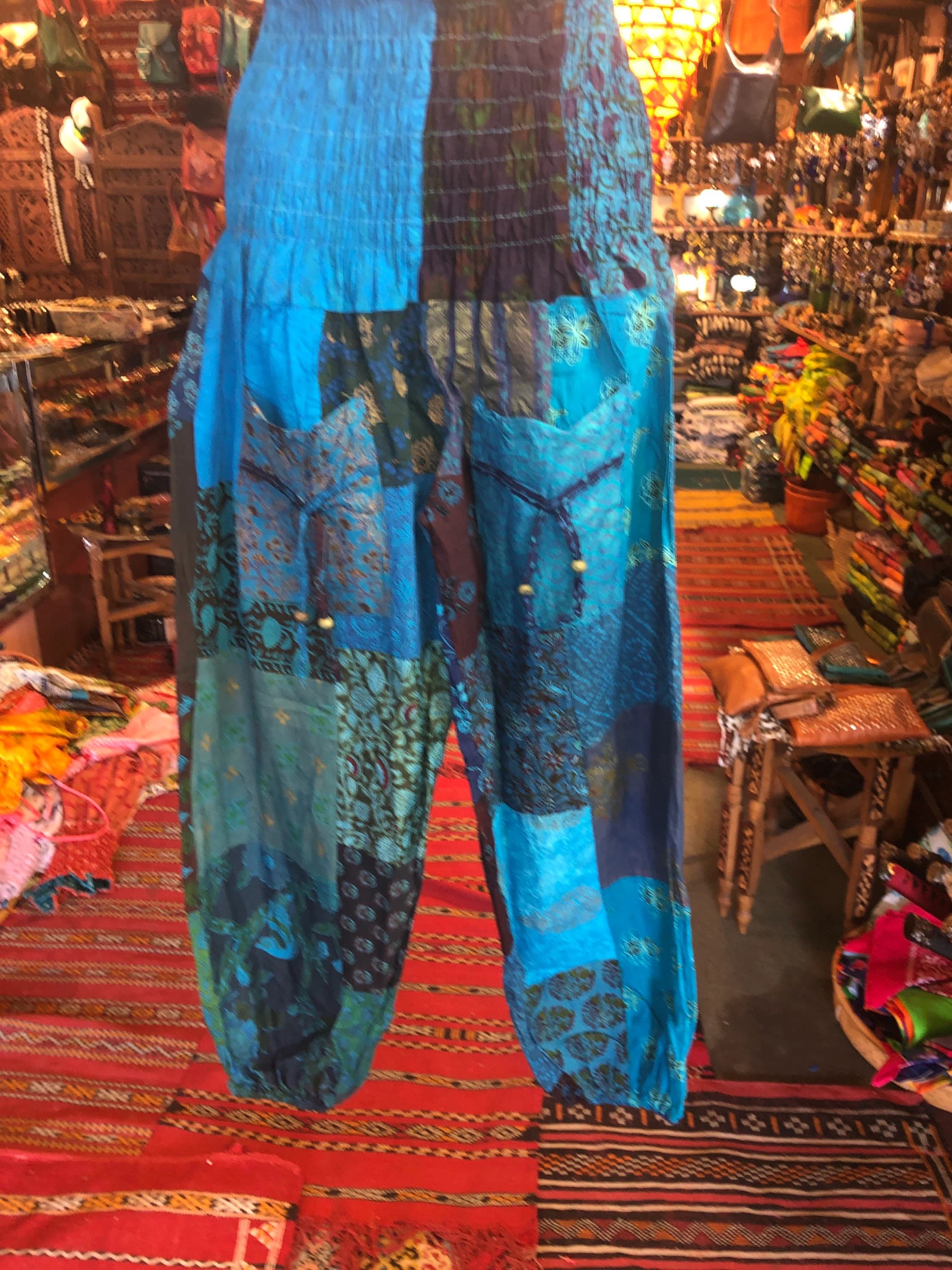 Patchwork Cotton Harem Pants with Pockets: Blue Boho Hippie Festival Pants - image 3
