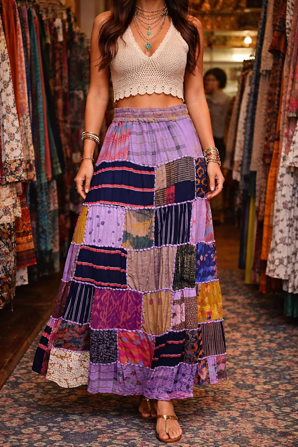 Boho Patchwork Maxi Skirt for Women, Cotton Hippie Skirt, Festival Gypsy Skirt, Elastic Waist Long Skirt, Handmade Patchwork Skirt - image 2