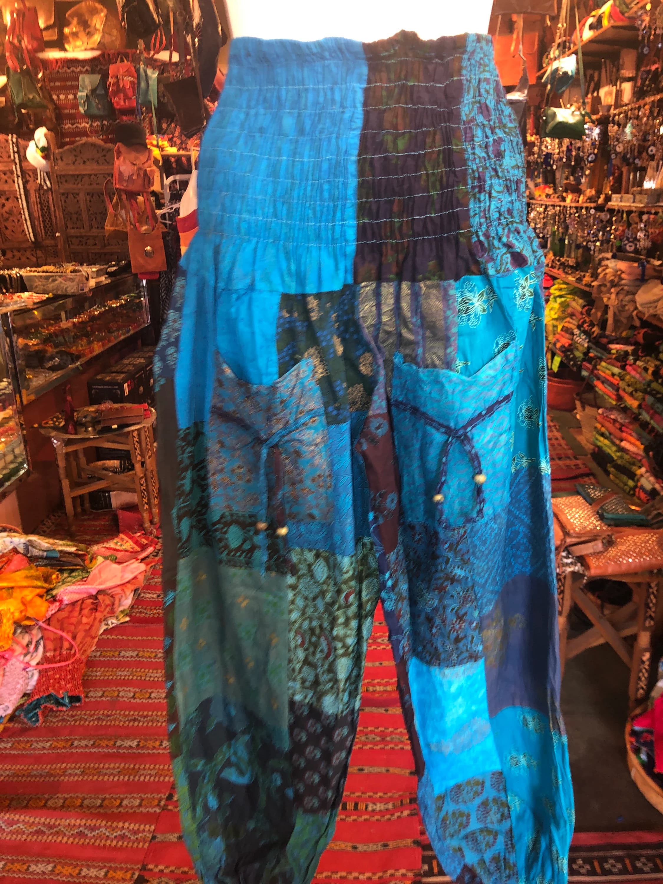 Patchwork Cotton Harem Pants with Pockets: Blue Boho Hippie Festival Pants - image 5