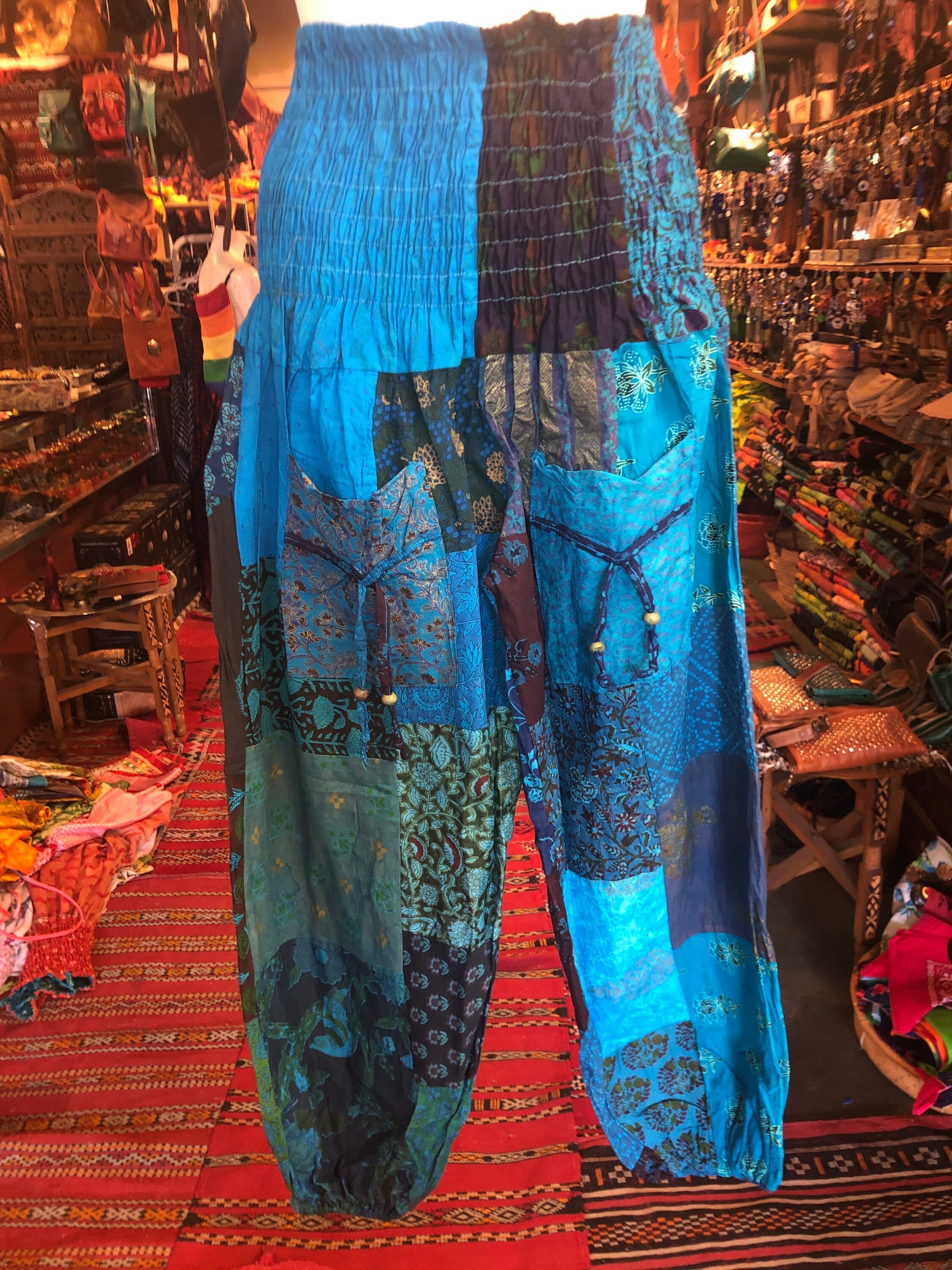 Patchwork Cotton Harem Pants with Pockets: Blue Boho Hippie Festival Pants - image 4