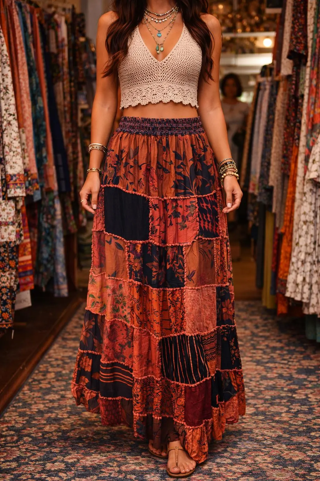 Boho Patchwork Maxi Skirt for Women, Cotton Hippie Skirt, Festival Gypsy Skirt, Elastic Waist Long Skirt, Handmade Patchwork Skirt - image 4
