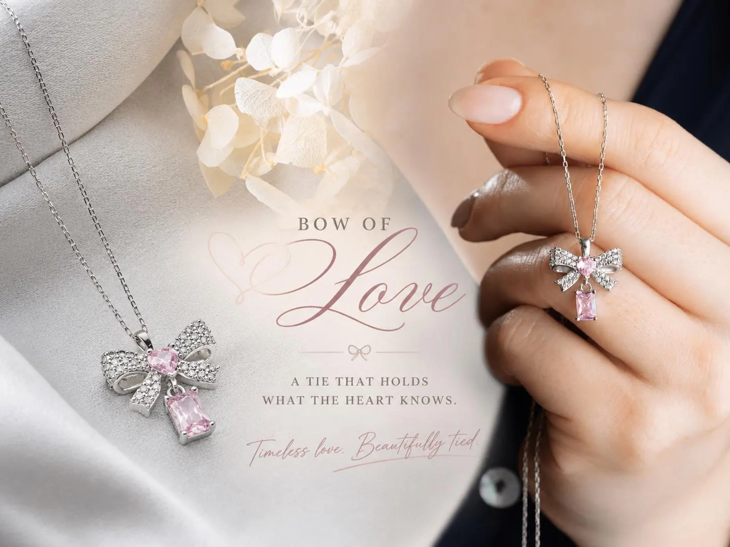 Pink Bow Necklace Heart Crystal Ribbon Pendant Romantic Gift Anniversary Wedding Bridesmaid Jewelry - image 3