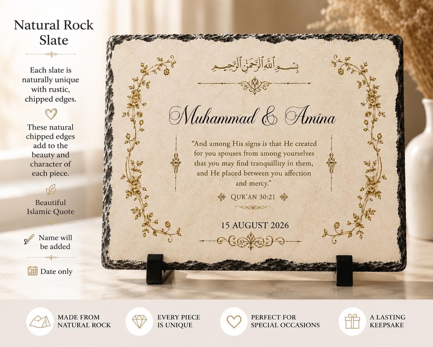 Personalised Muslim Couple Rock Slate | Islamic Wedding Gift | Quran 30:21 Plaque | Nikkah Gift | Anniversary Keepsake | Custom Names - image 2