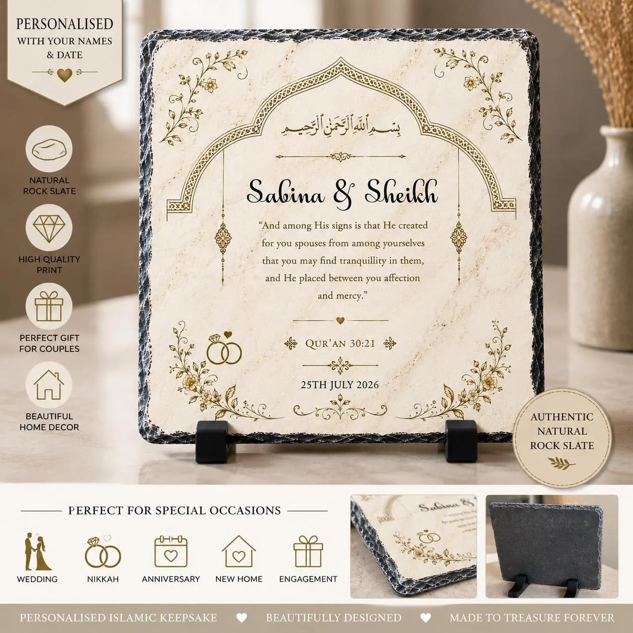 Personalised Islamic Wedding Rock Slate | Muslim Couple Gift | Nikkah Slate | Custom Wedding Plaque | Quran 30:21 | Anniversary Gift - image 4