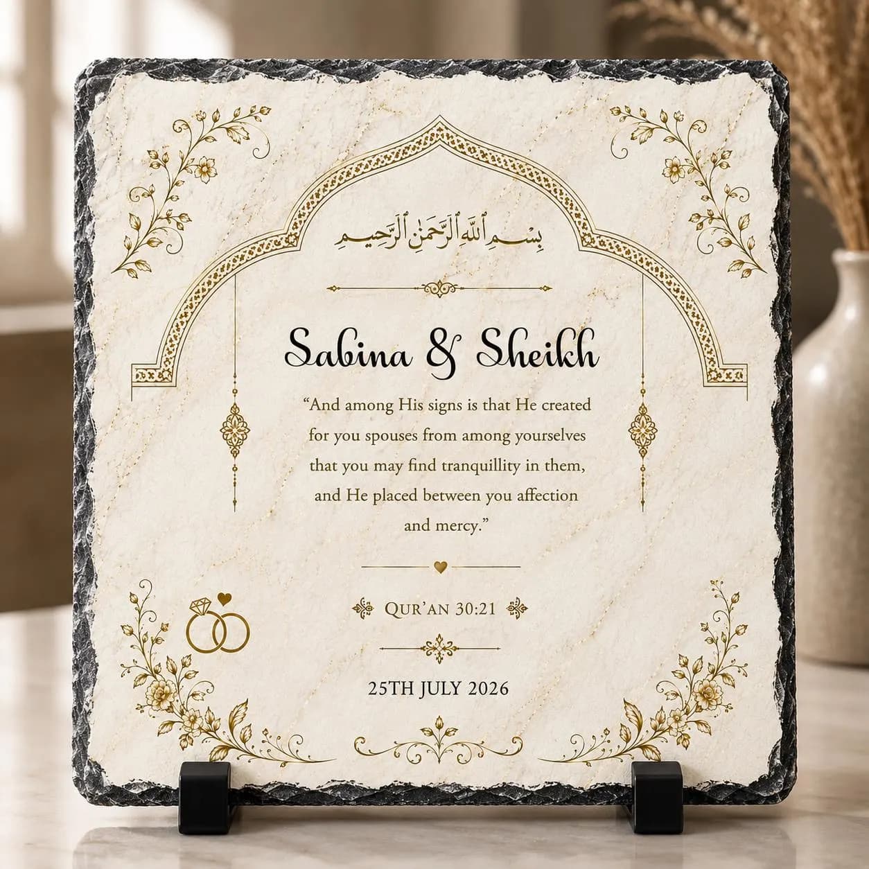 Personalised Islamic Wedding Rock Slate | Muslim Couple Gift | Nikkah Slate | Custom Wedding Plaque | Quran 30:21 | Anniversary Gift - image 3