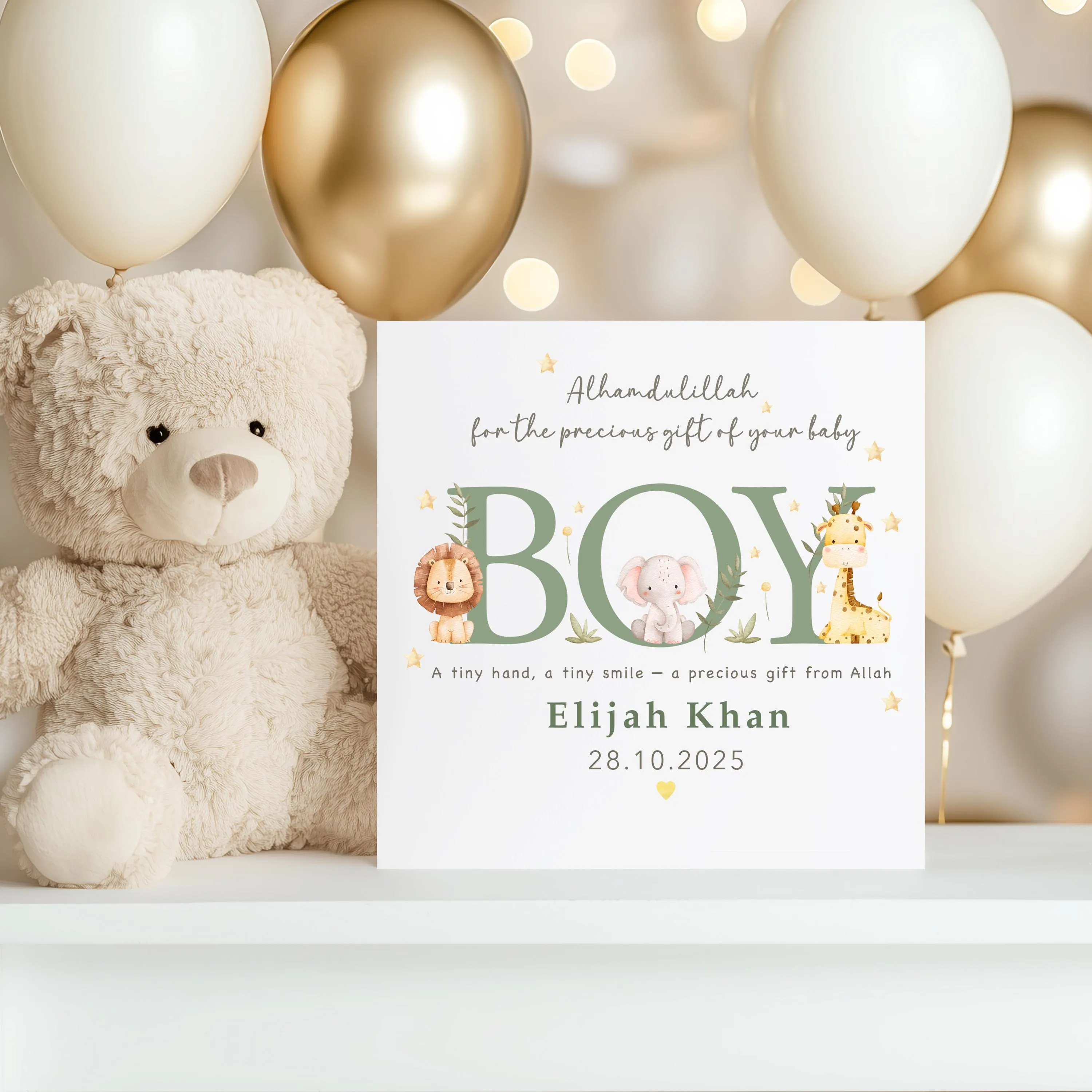 Personalised Muslim Baby Boy Card | Alhamdulillah Safari Theme | Islamic Newborn Gift | Jungle Animal Card | - image 4