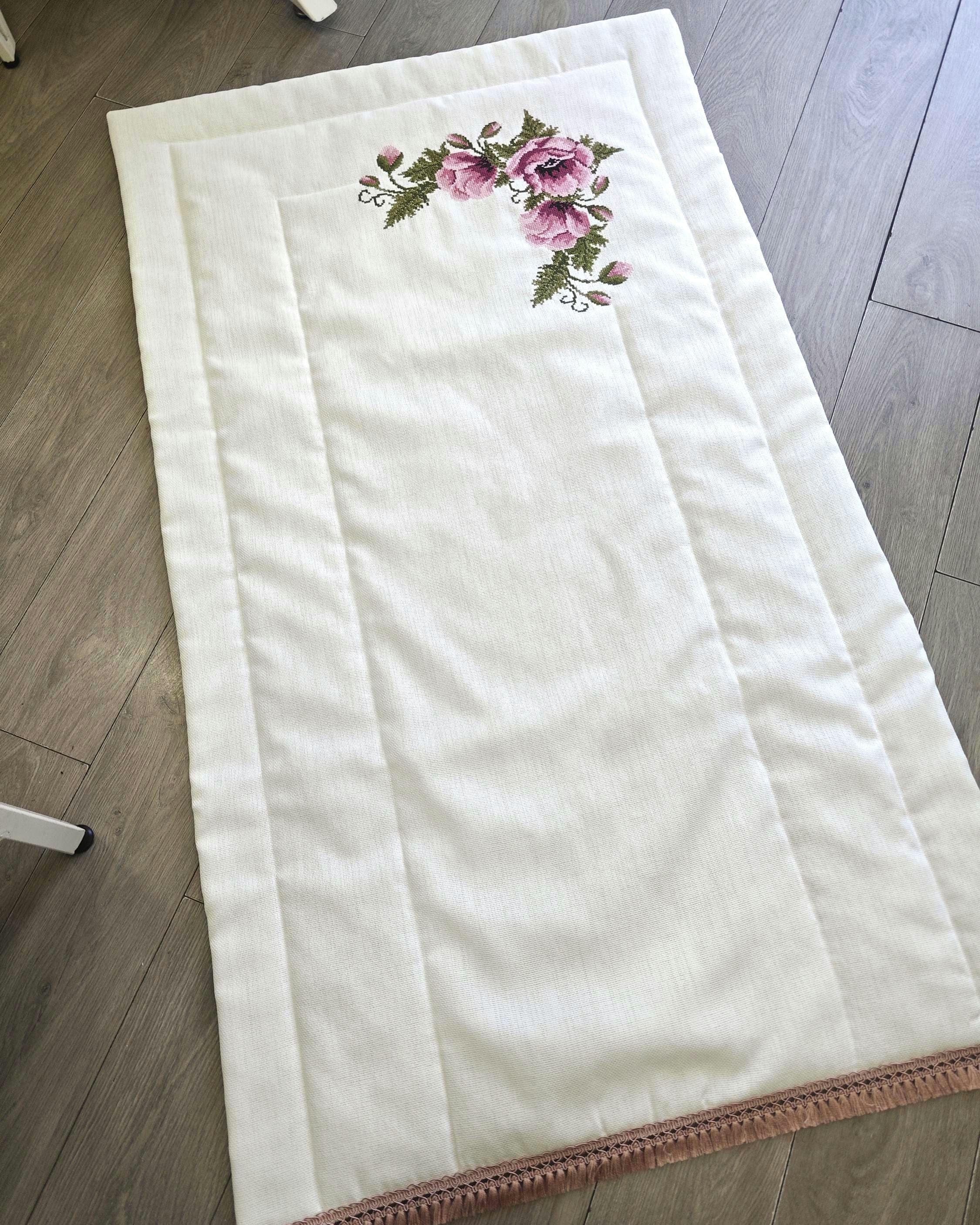 Handmade Embroidered Prayer Mat, Pink Rose Cross-Stitch, Cream Fringe Islamic Gift