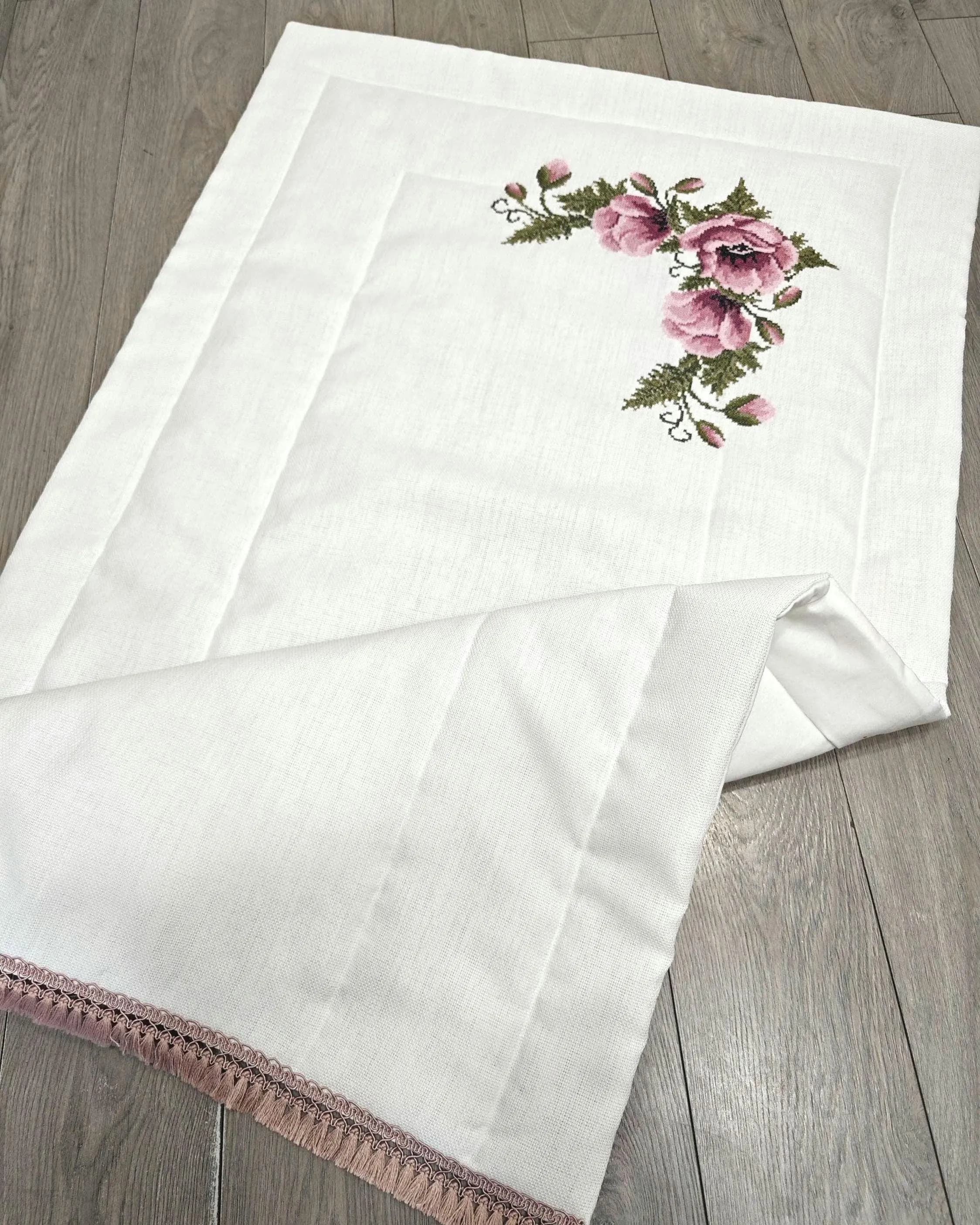 Handmade Embroidered Prayer Mat, Pink Rose Cross-Stitch, Cream Fringe Islamic Gift - image 3