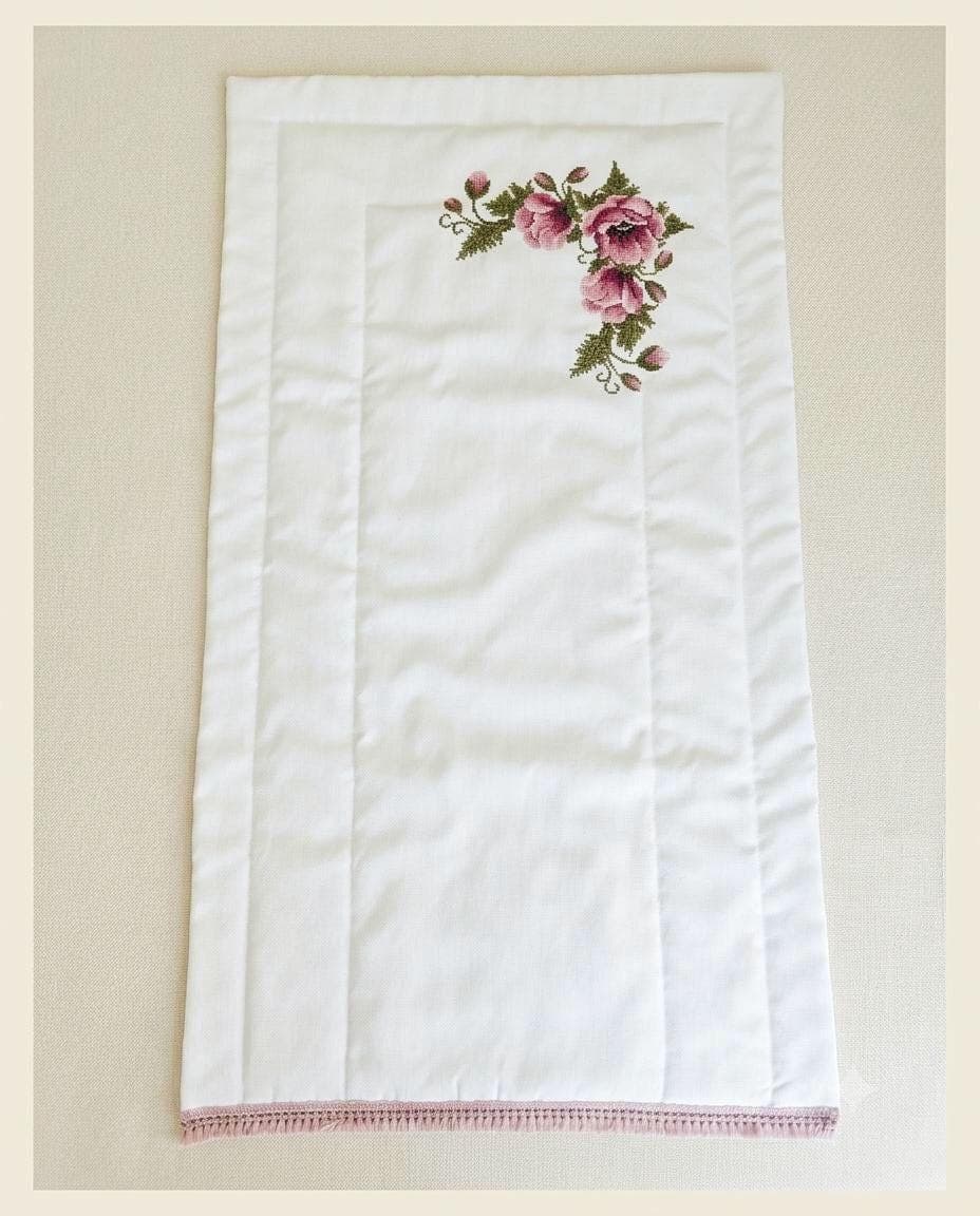 Handmade Embroidered Prayer Mat, Pink Rose Cross-Stitch, Cream Fringe Islamic Gift - image 5