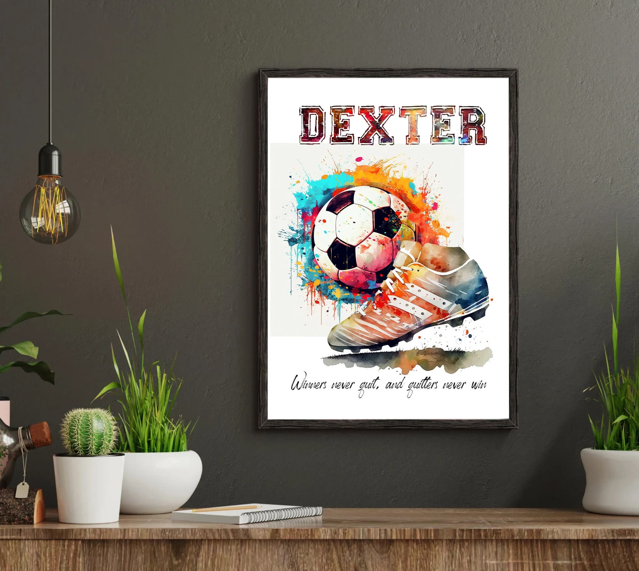 Personalized Football Watercolor Art | Custom Name Print with Inspirational Quotes | Vibrant Soccer Wall Decor | Kids Room Decoration