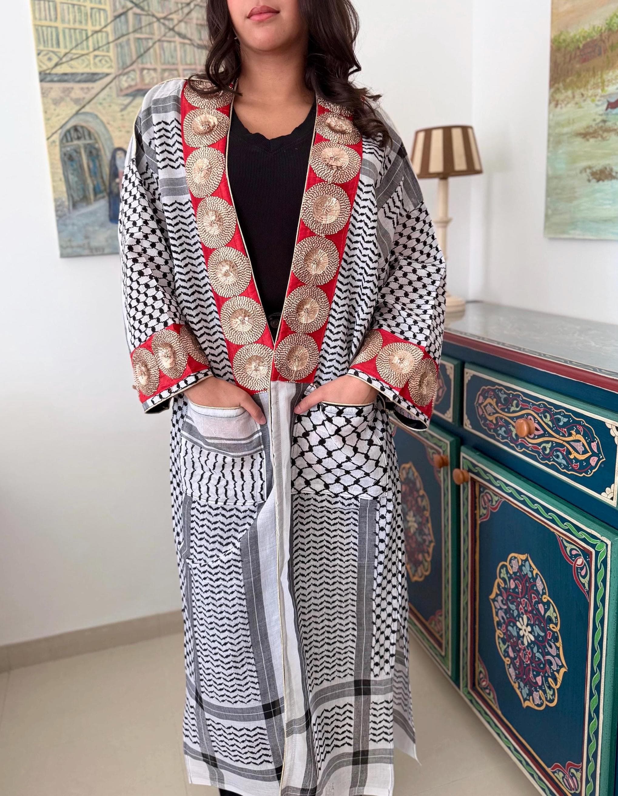 Handmade Arabic Keffiyeh Shemagh Patchwork Maxi Abaya Kaftan Kimono Waistcoat Gilet Long Tunic Pockets Embroidery Modest Fashion Hippy Boho - image 4