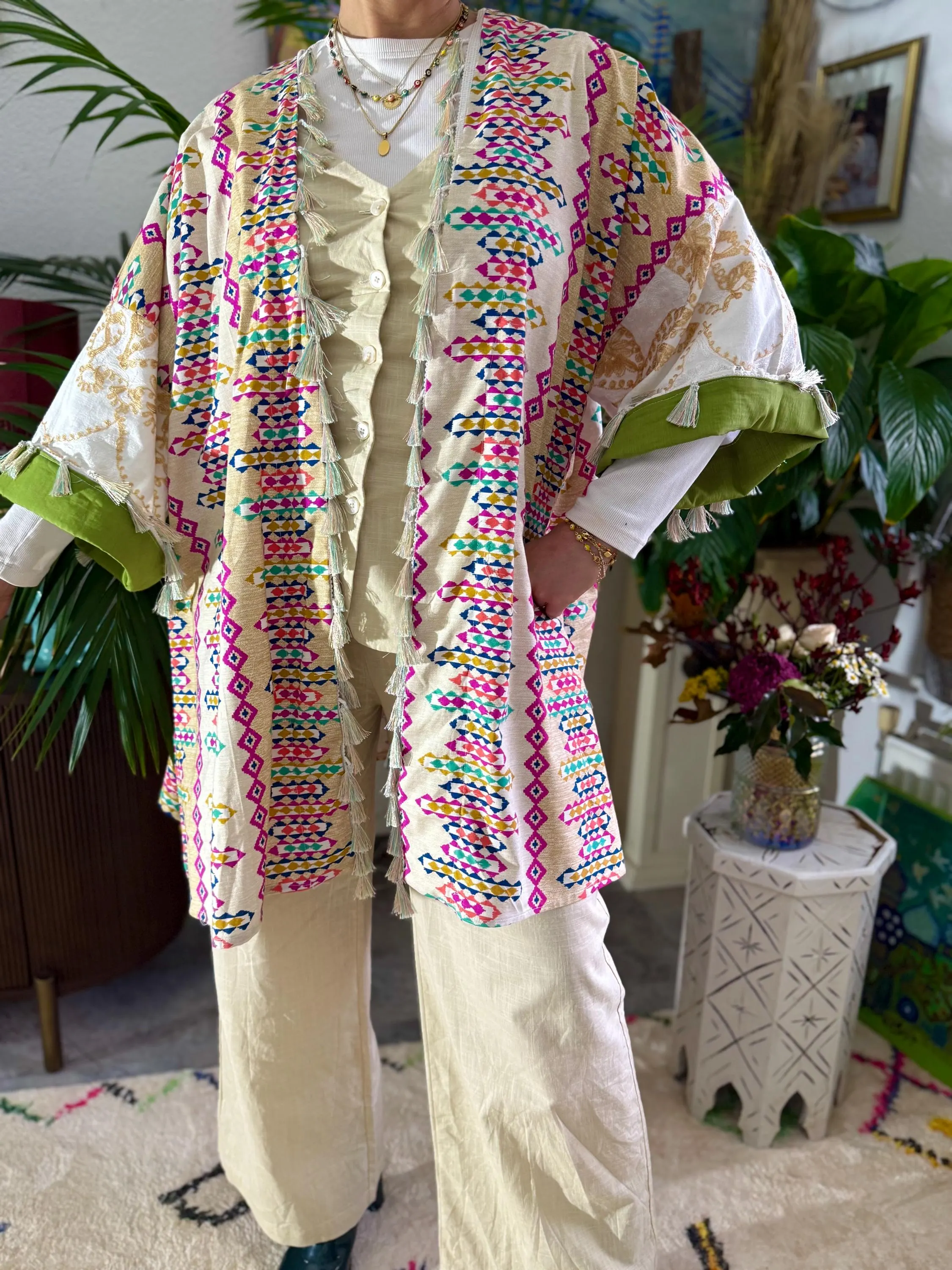 Colorful Embroidered Cotton Abaya Jacket Gilet Blazer Pastel Tassels Arabic Boho Kimono Hippy Festival Waistcoat Artisan Handmade Clothing - image 5