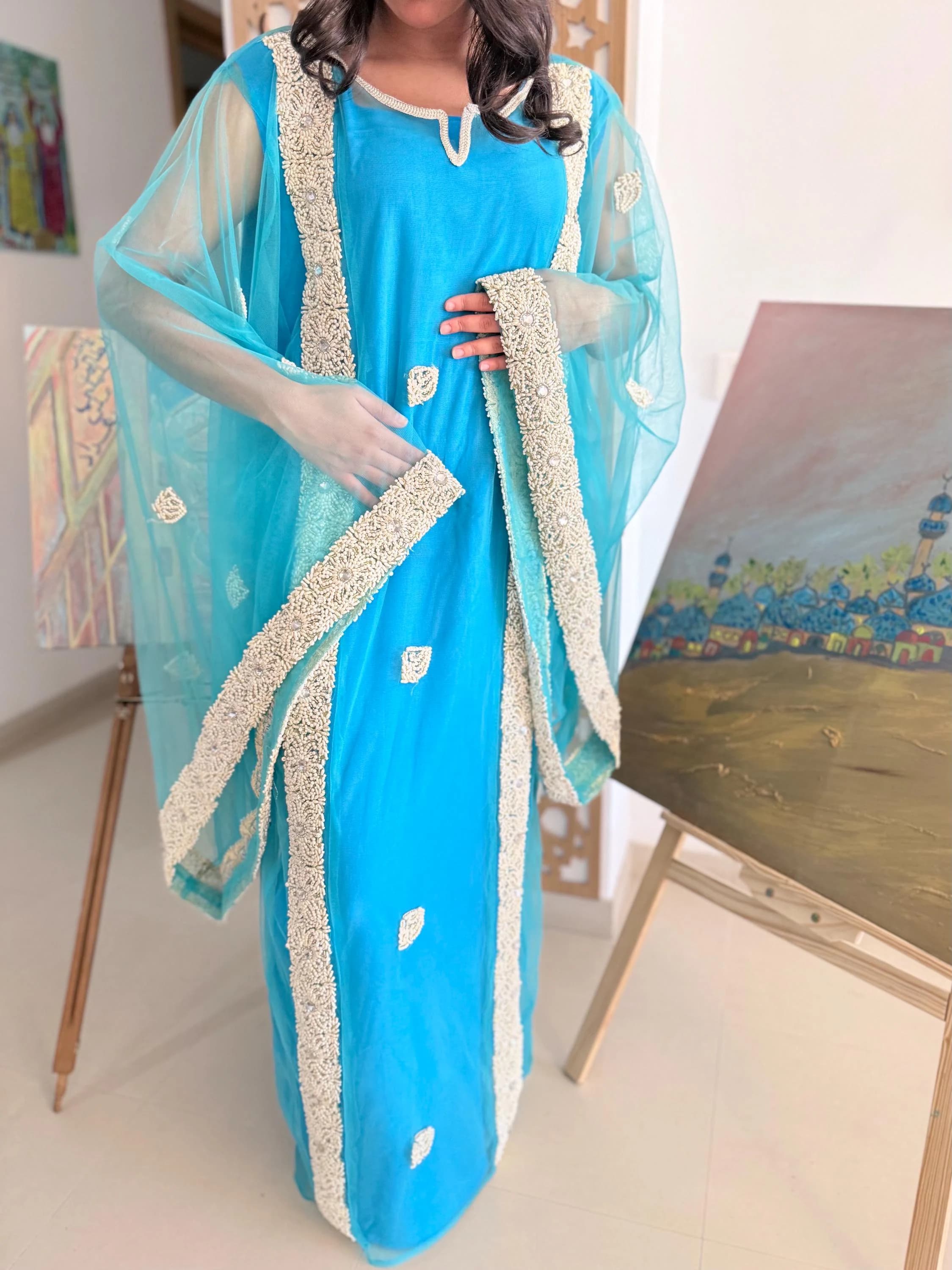 Luxury modest Iraqi Hashmi dress baby blue chiffon sheer kaftan with pearl trim embroidery traditional handmade occasion outfit