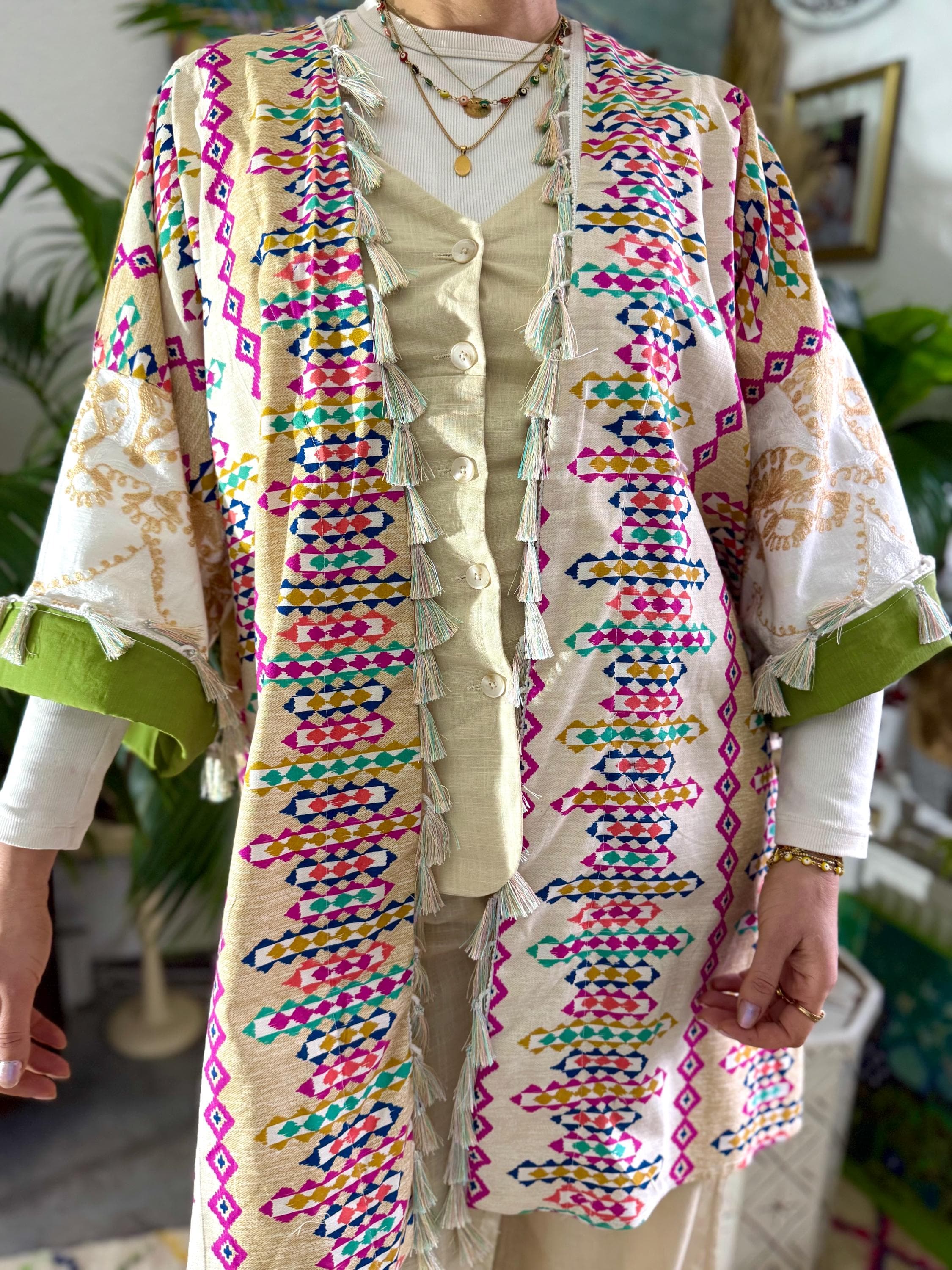 Colorful Embroidered Cotton Abaya Jacket Gilet Blazer Pastel Tassels Arabic Boho Kimono Hippy Festival Waistcoat Artisan Handmade Clothing - image 3