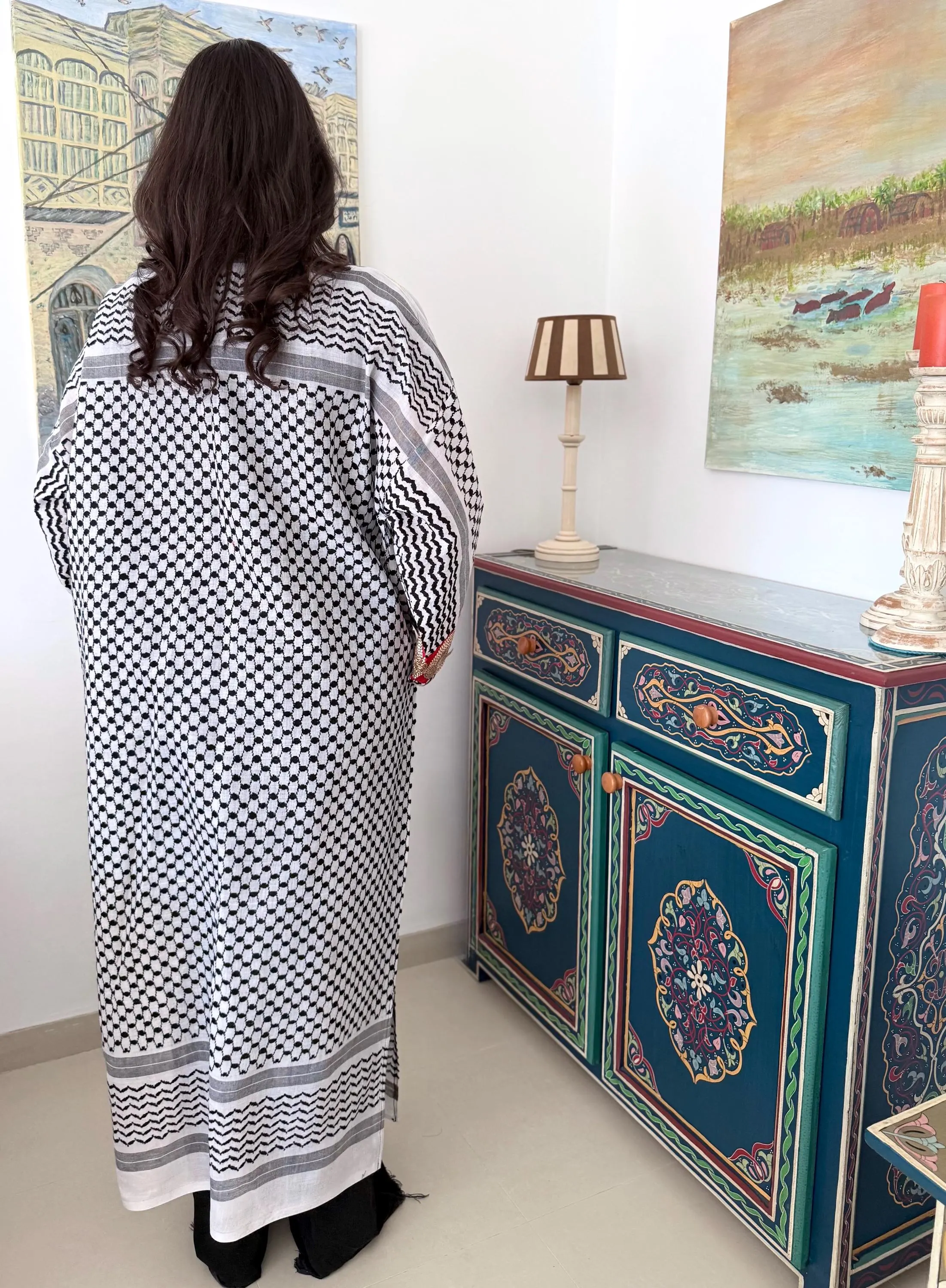 Handmade Arabic Keffiyeh Shemagh Patchwork Maxi Abaya Kaftan Kimono Waistcoat Gilet Long Tunic Pockets Embroidery Modest Fashion Hippy Boho - image 3