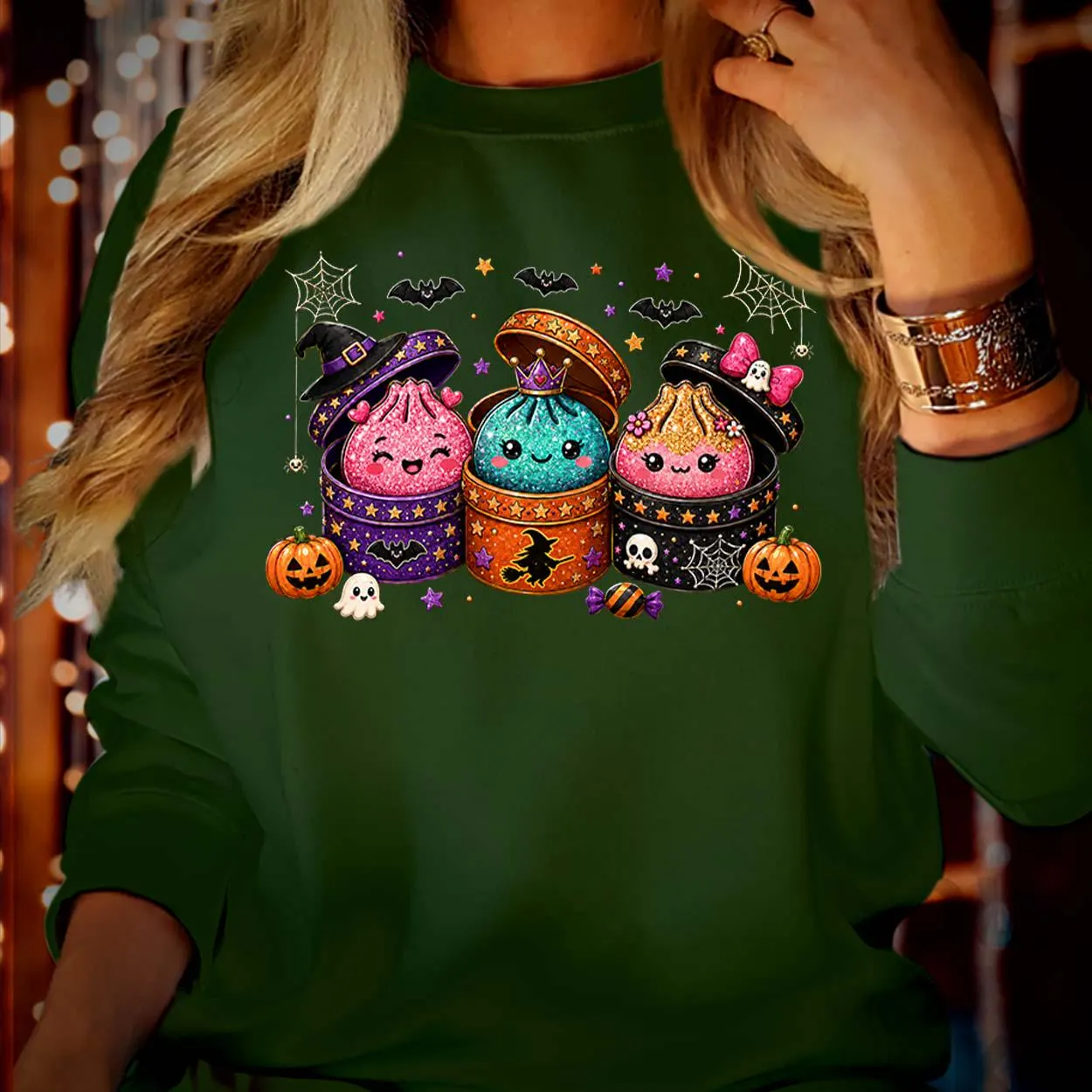 Kawaii Halloween Dumpling Glitter Dim Sum Witch Hat Spooky Jumper SWEATSHIRT S-1753 - image 5