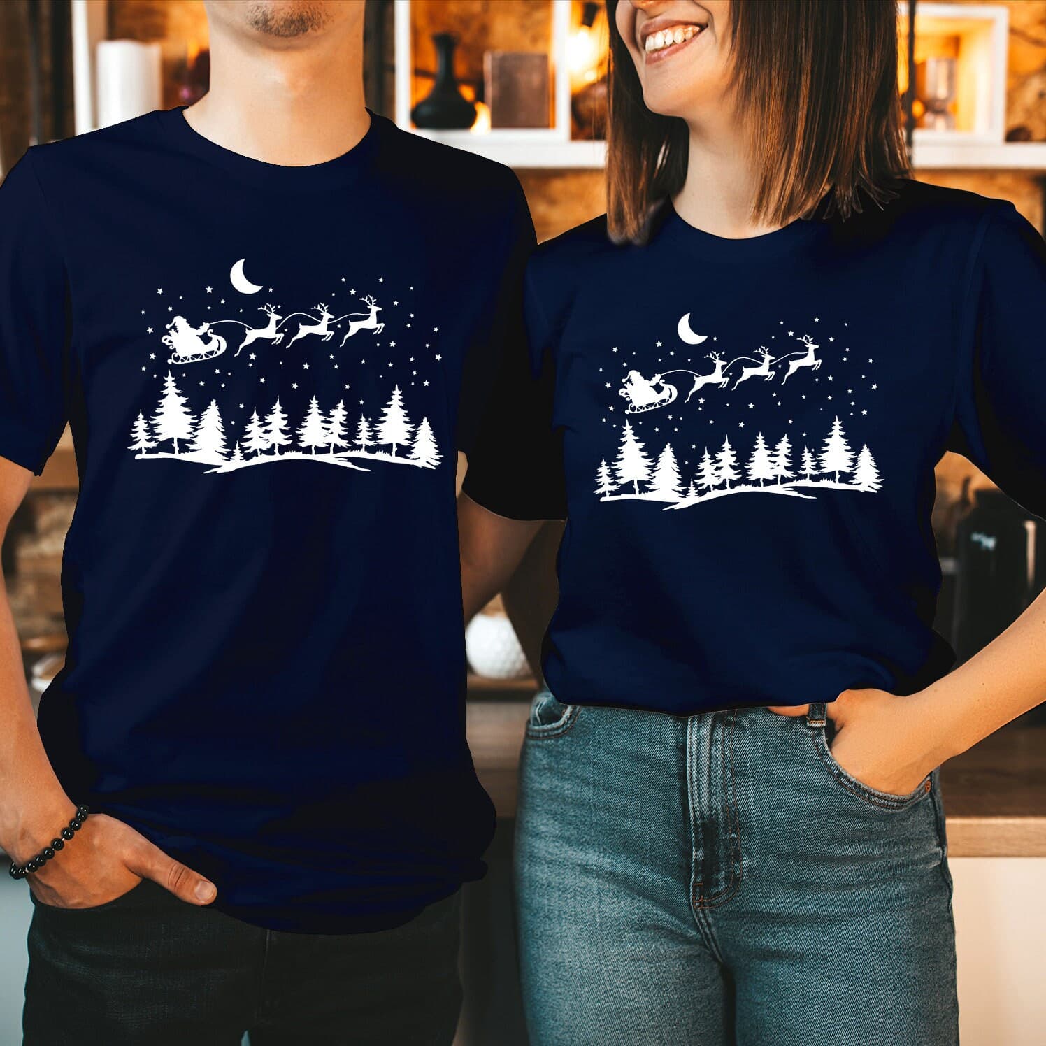 Santa Sleigh Flying Reindeer Christmas Shirt Pines Moon Night Xmas Holiday T-SHIRT T-5036 - image 5