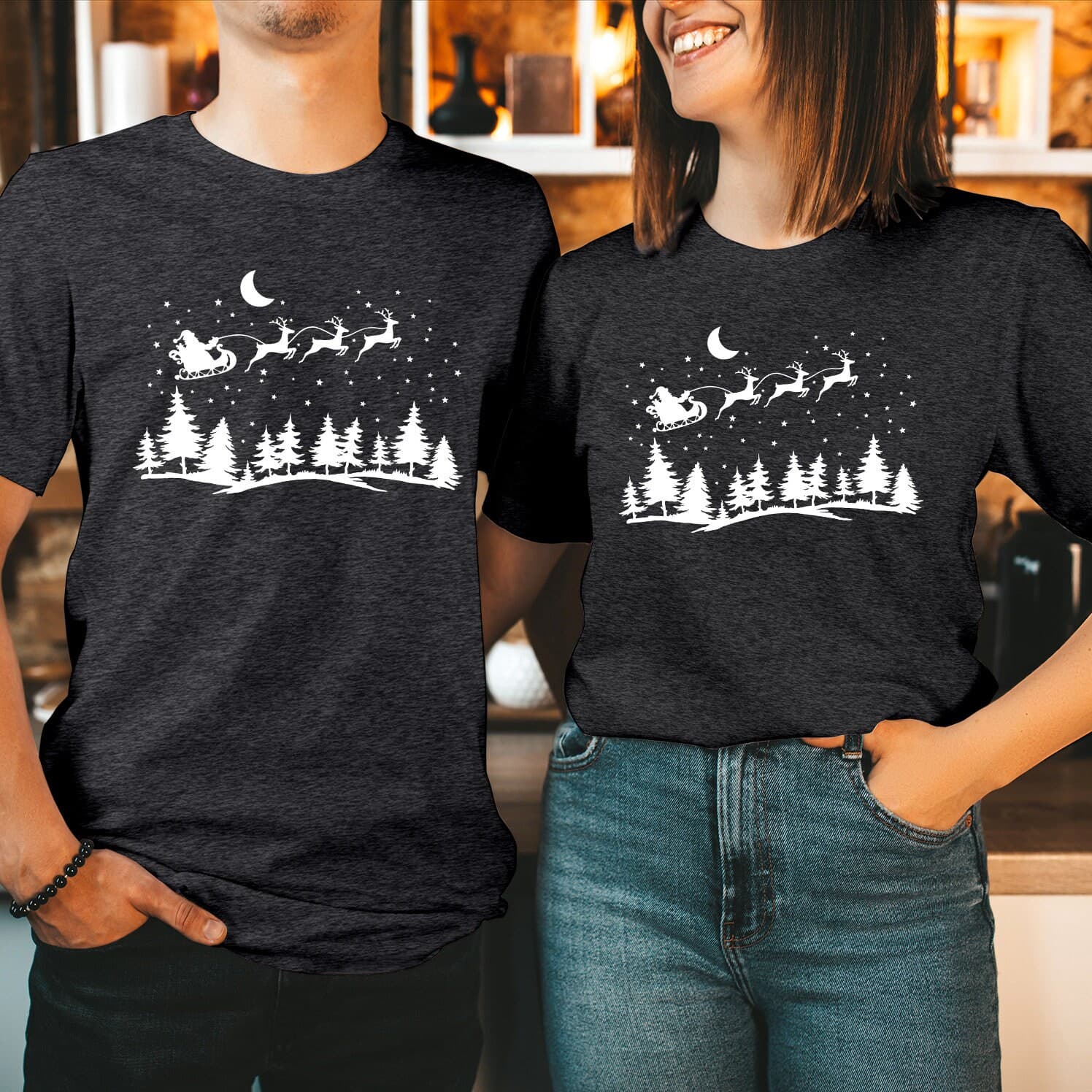 Santa Sleigh Flying Reindeer Christmas Shirt Pines Moon Night Xmas Holiday T-SHIRT T-5036 - image 4
