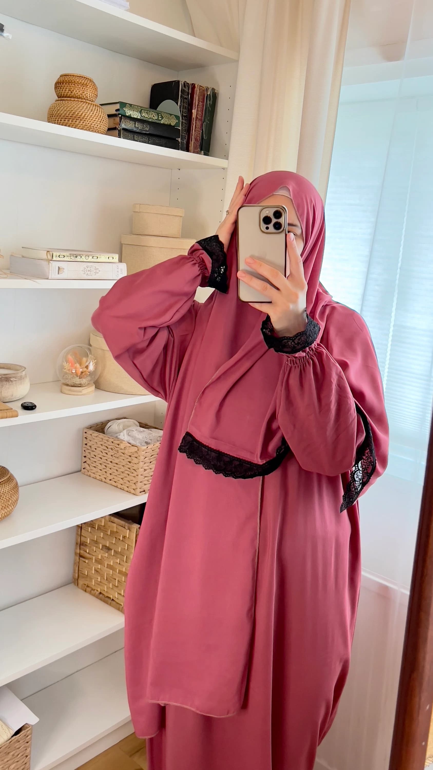 Rose Red Cotton Prayer Dress: Two-Piece Jilbab with Lace Cuffs, Prayer Abaya, Prayer Hijab, Ramadan dress, Plain prayer dress, Prayer outfit - image 4