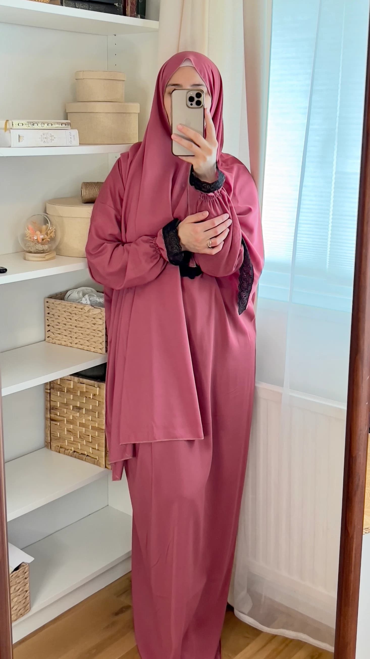 Rose Red Cotton Prayer Dress: Two-Piece Jilbab with Lace Cuffs, Prayer Abaya, Prayer Hijab, Ramadan dress, Plain prayer dress, Prayer outfit