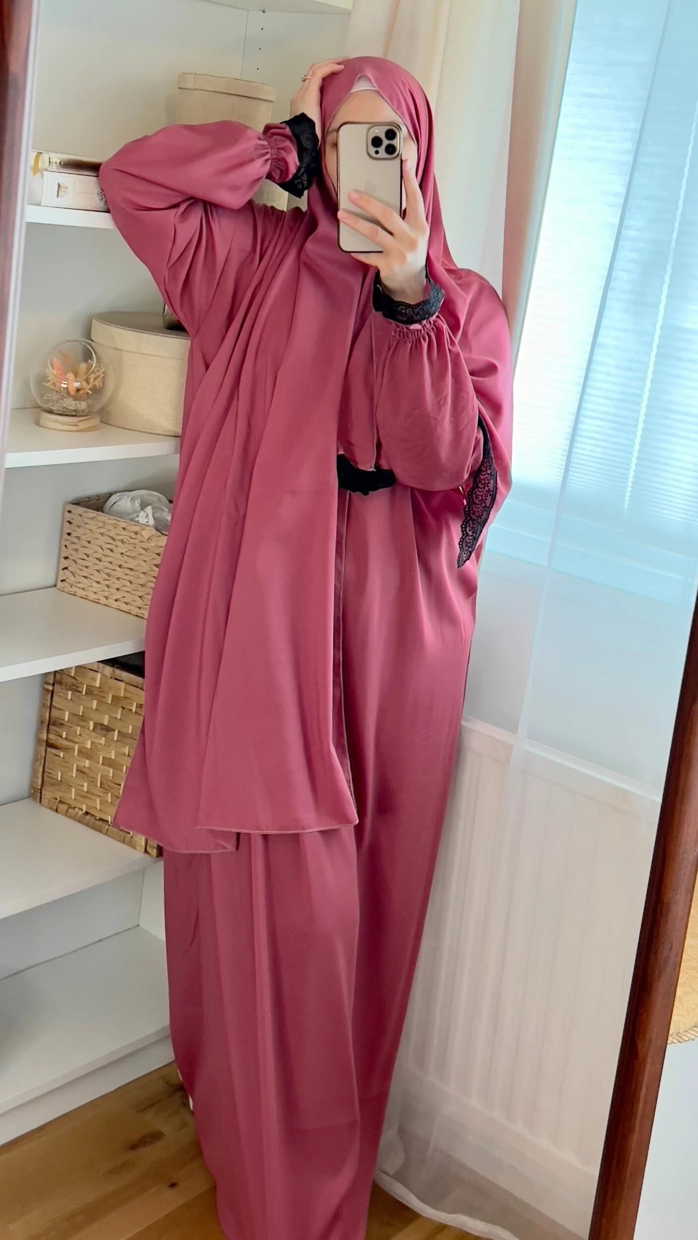 Rose Red Cotton Prayer Dress: Two-Piece Jilbab with Lace Cuffs, Prayer Abaya, Prayer Hijab, Ramadan dress, Plain prayer dress, Prayer outfit - image 3