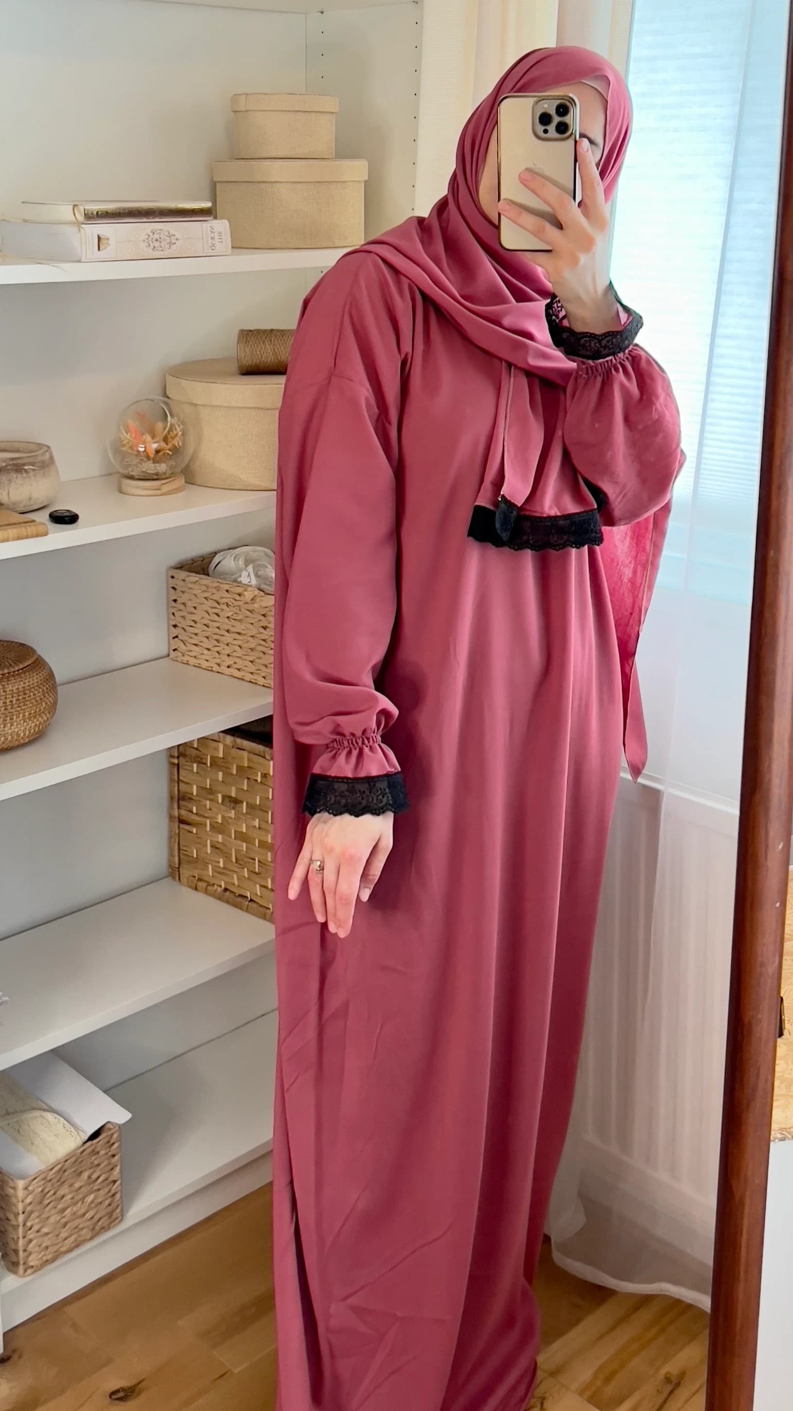 Rose Red Cotton Prayer Dress: Two-Piece Jilbab with Lace Cuffs, Prayer Abaya, Prayer Hijab, Ramadan dress, Plain prayer dress, Prayer outfit - image 5