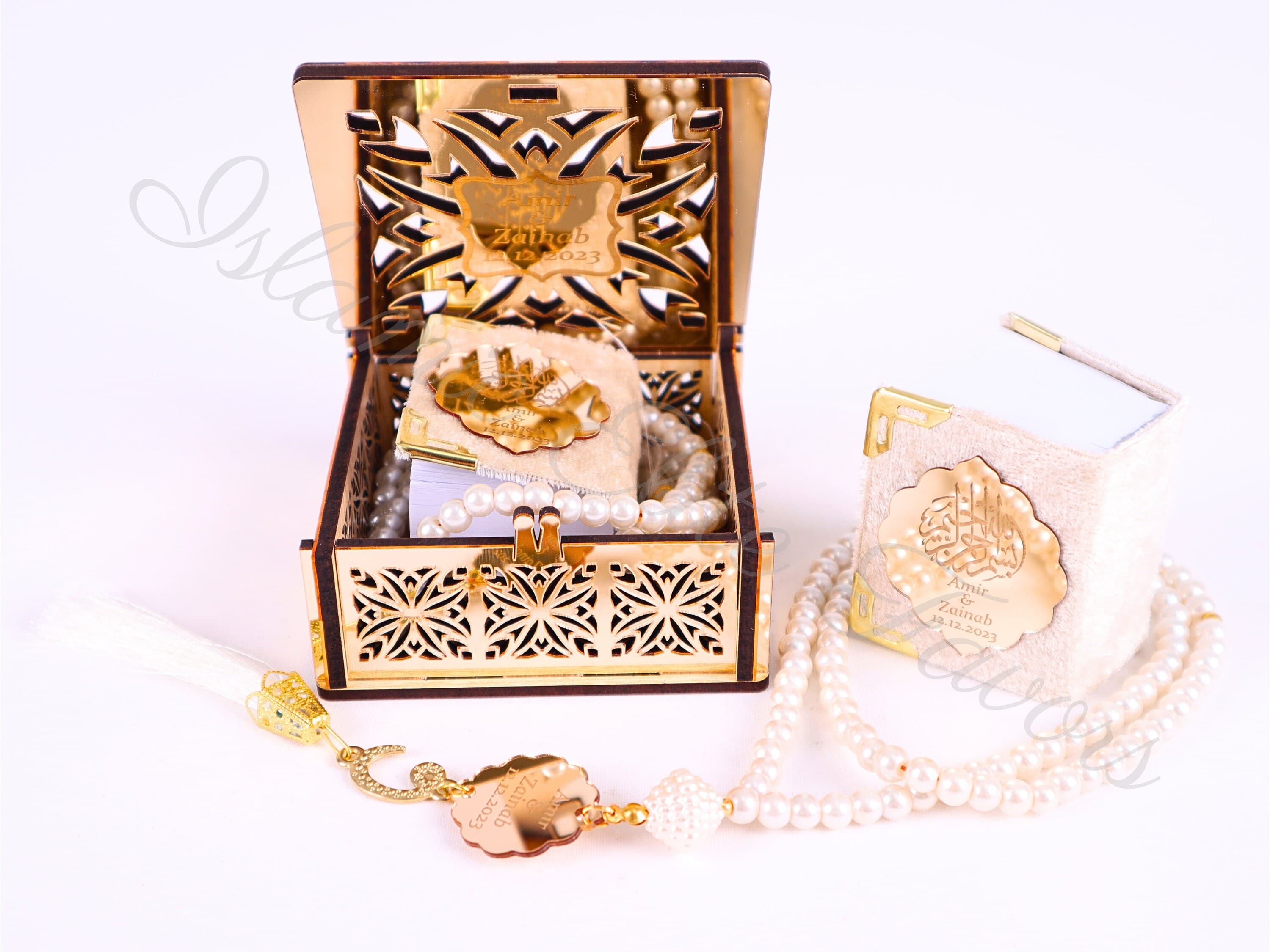 Personalized Mini Quran Tasbeeh Set in Wood Box with Gold Mirror | Ramadan Eid Wedding Birthday Baby Shower Islamic Muslim Party Favors - image 2