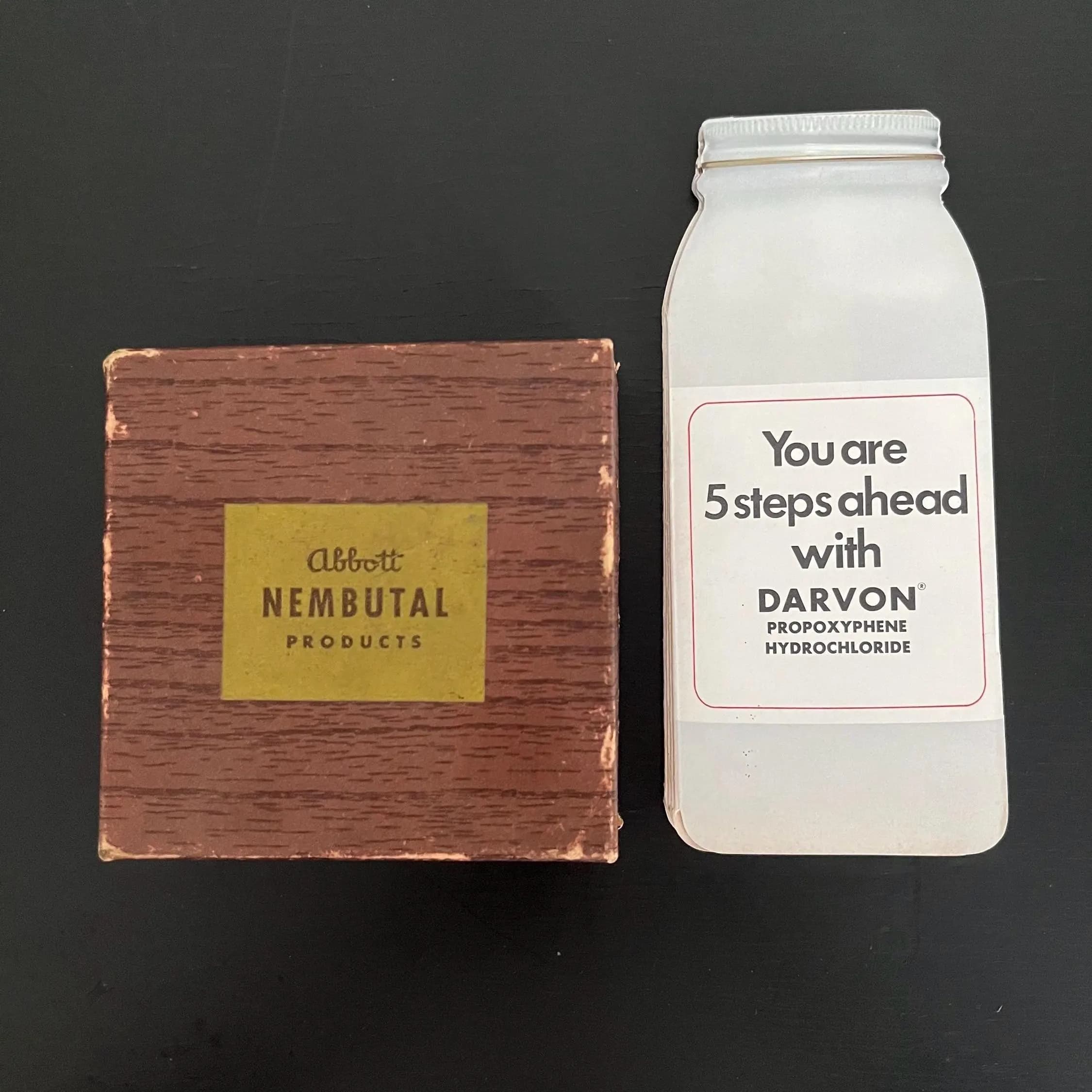 1972 Darvon Promotional Pamphlet & Nembutal Faux Bois Paper Box that once held blank glass slides Eli Lilly Abbott Labs Pain Relief Downers