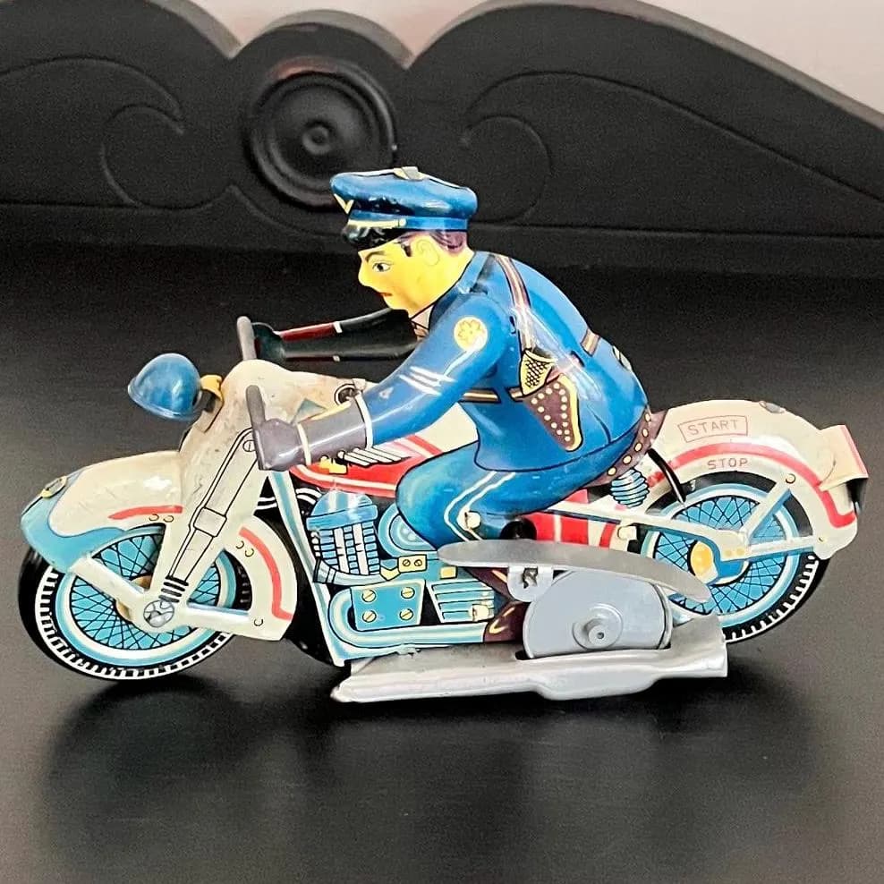 1930s Line Mar Japan Tricky Police Motorcycle Tin Litho Wind Up Toy WORKING
