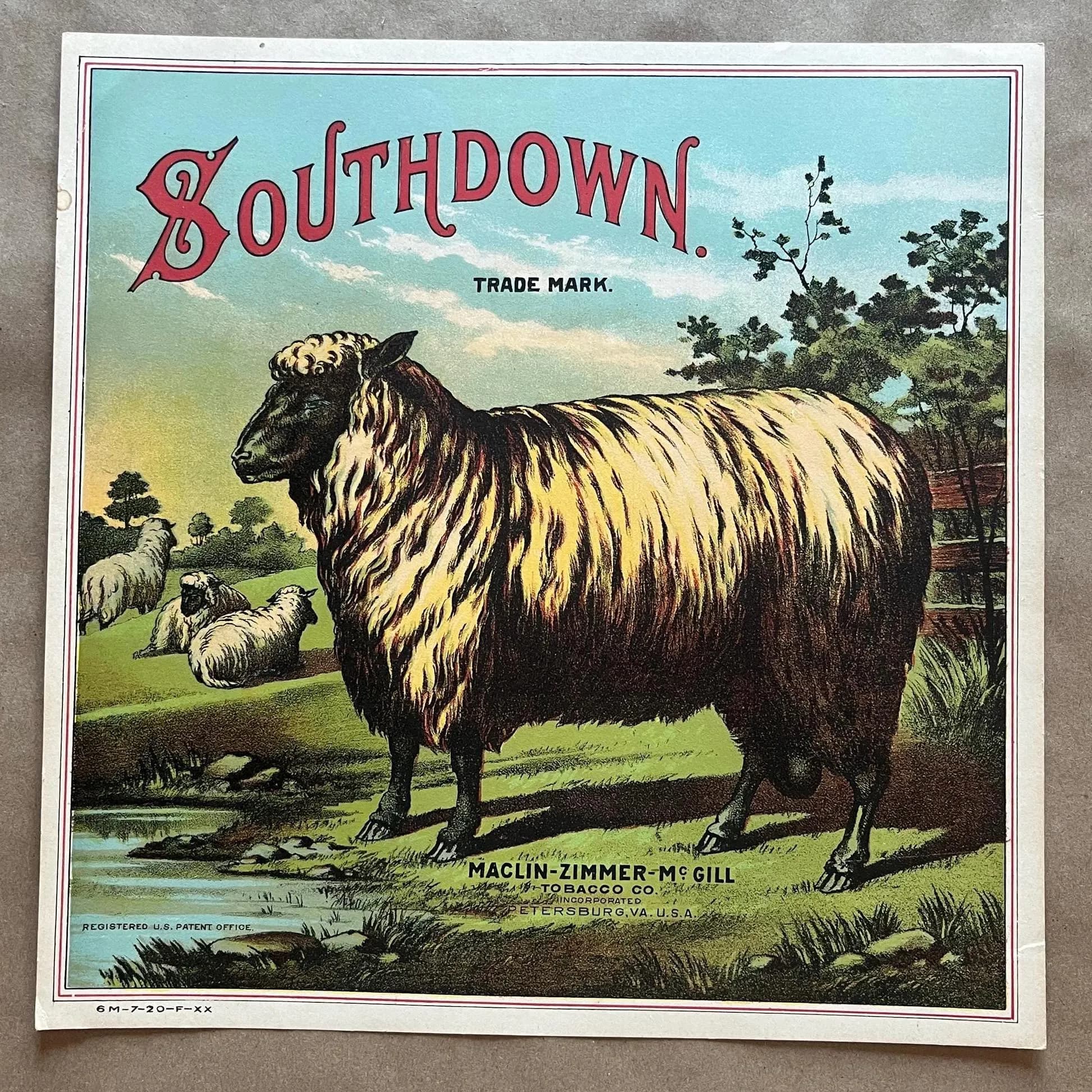 A Hoen Southdown Tobacco Crate Label Maclin Zimmer McGill Sheep Lithograph Unused