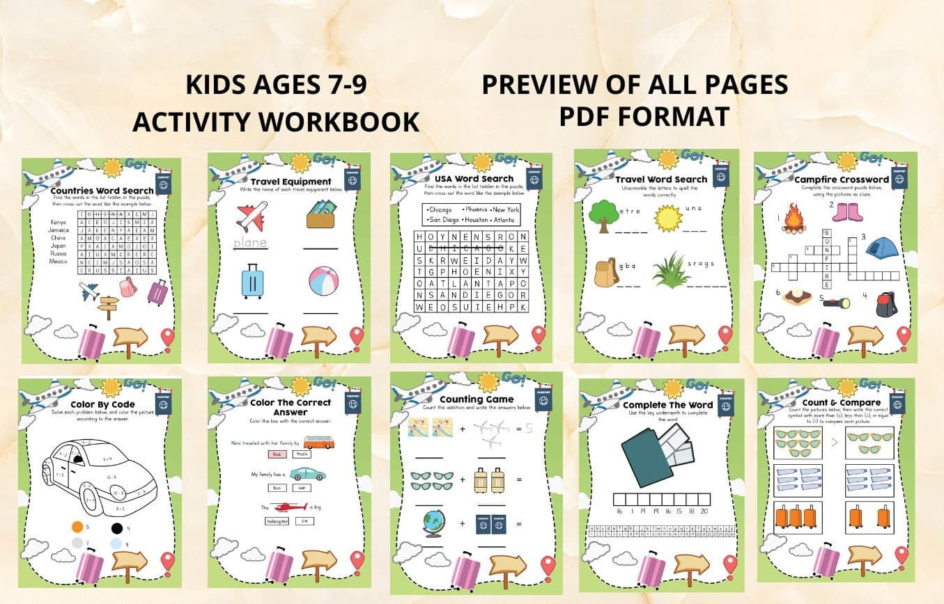 Travel Activity Worksheet Bundle: Math, Word Search, Coloring (PDF) - image 3