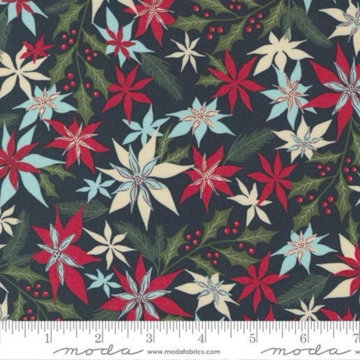 Christmas Floral Cotton Fabric, Moda Good News Joy, Midnight Blue