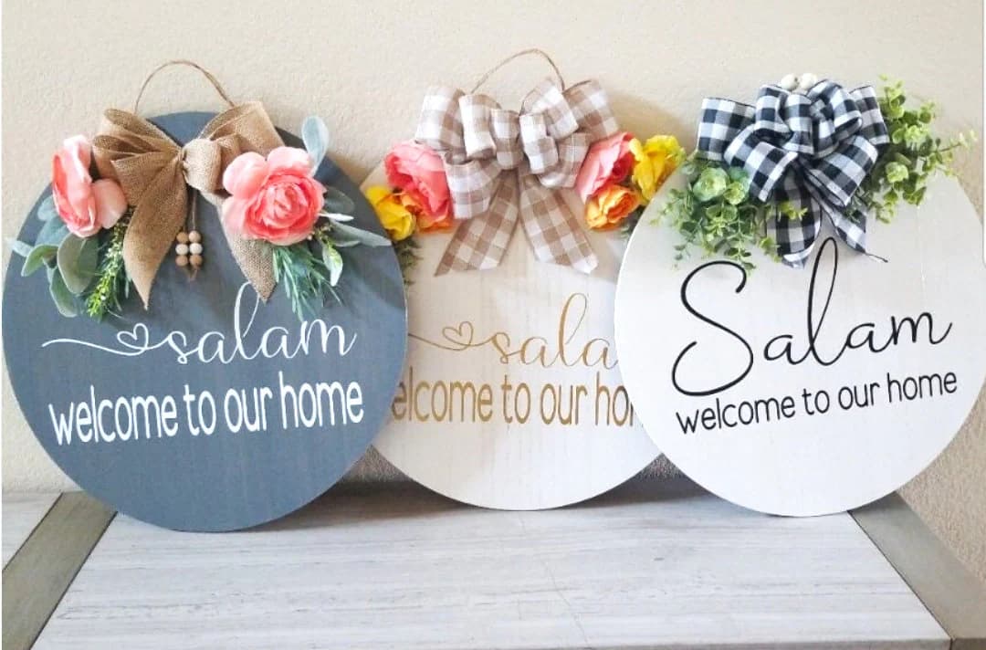 Welcome to our home, Salam Door Sign, WELCOME, Wood Round Welcome Sign, Front Door Décor, Hanger, Door Wreath, Home Décor, Islamic Décor