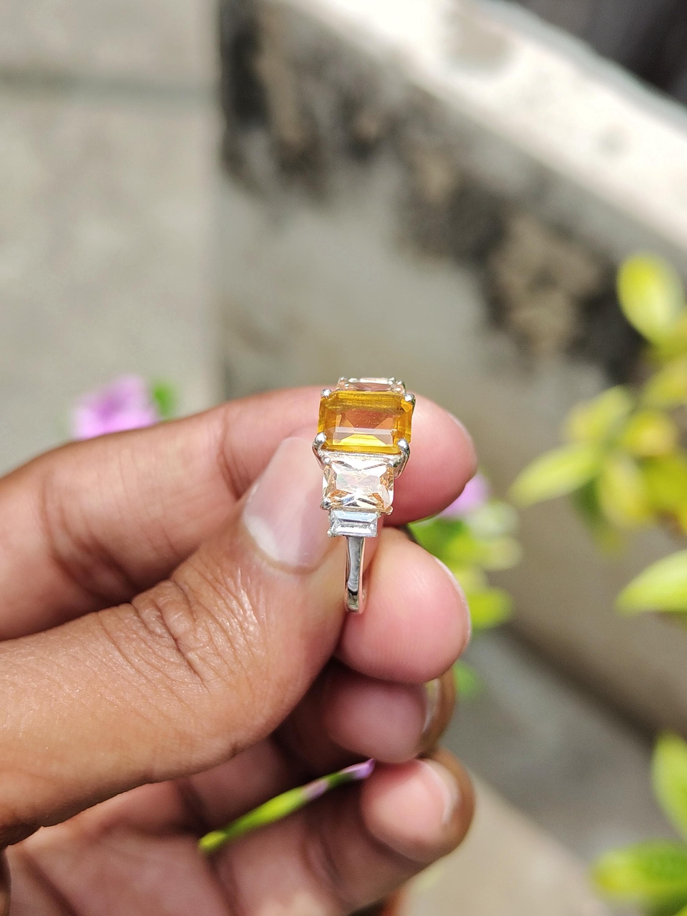 Emerald Cut Yellow Sapphire Ring: Diamond Accent, Sterling Silver - image 3
