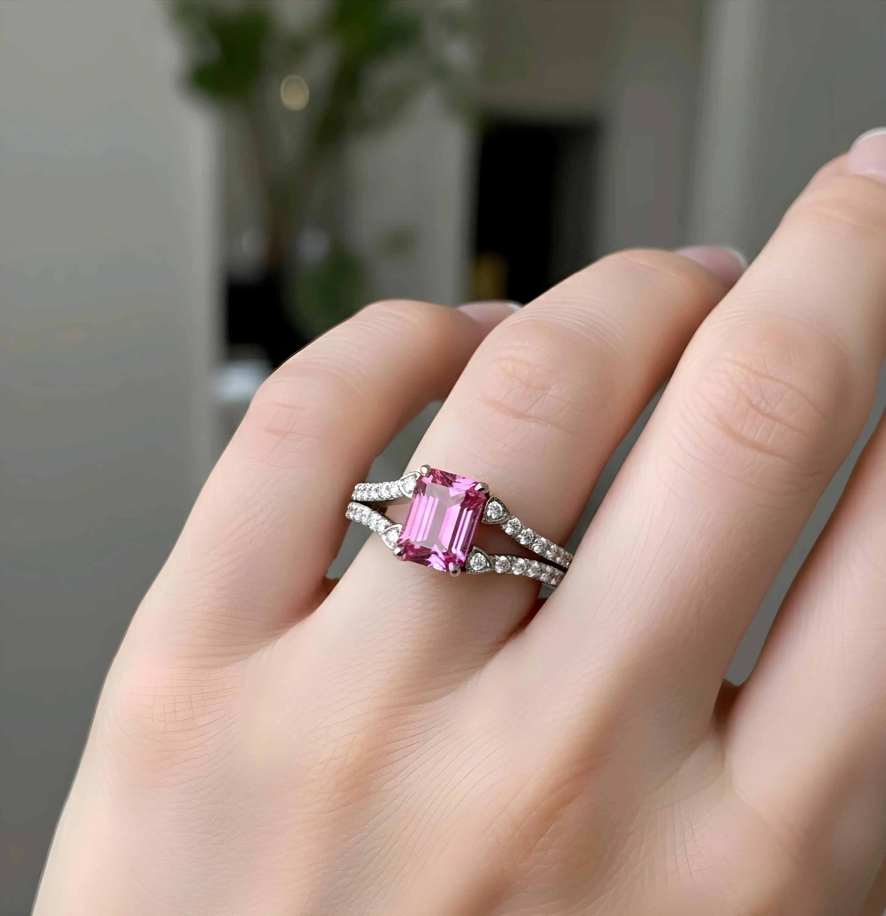 Emerald-Cut Pink Sapphire Ring, Diamond Halo, Sterling Silver - image 4