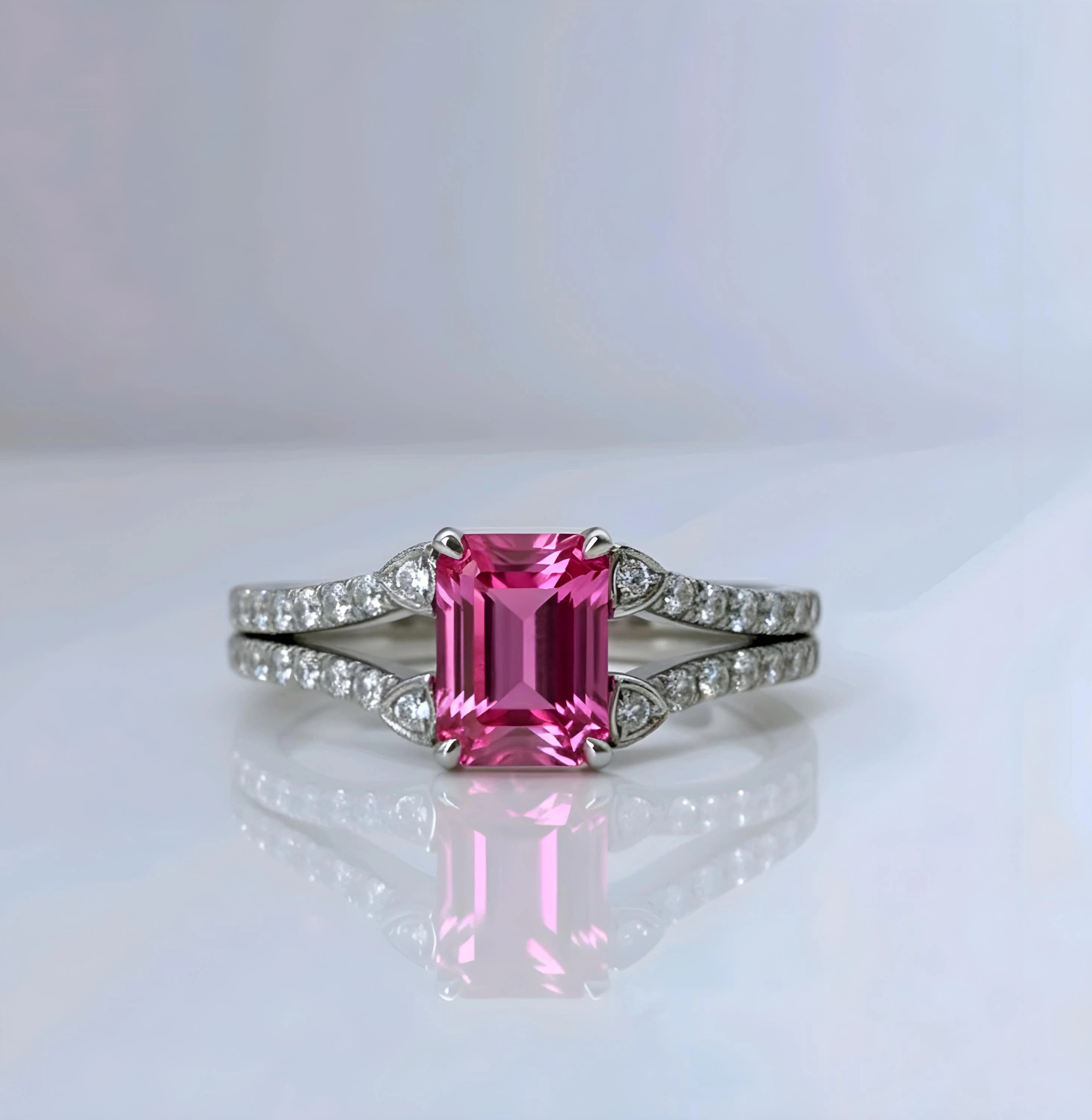 Emerald-Cut Pink Sapphire Ring, Diamond Halo, Sterling Silver