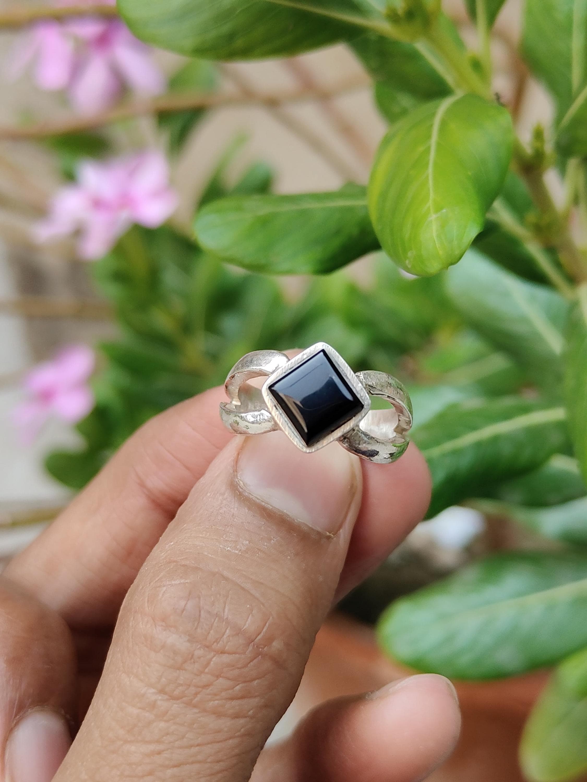 Black Spinel Square Ring: Sterling Silver with Diamond Accent - image 3