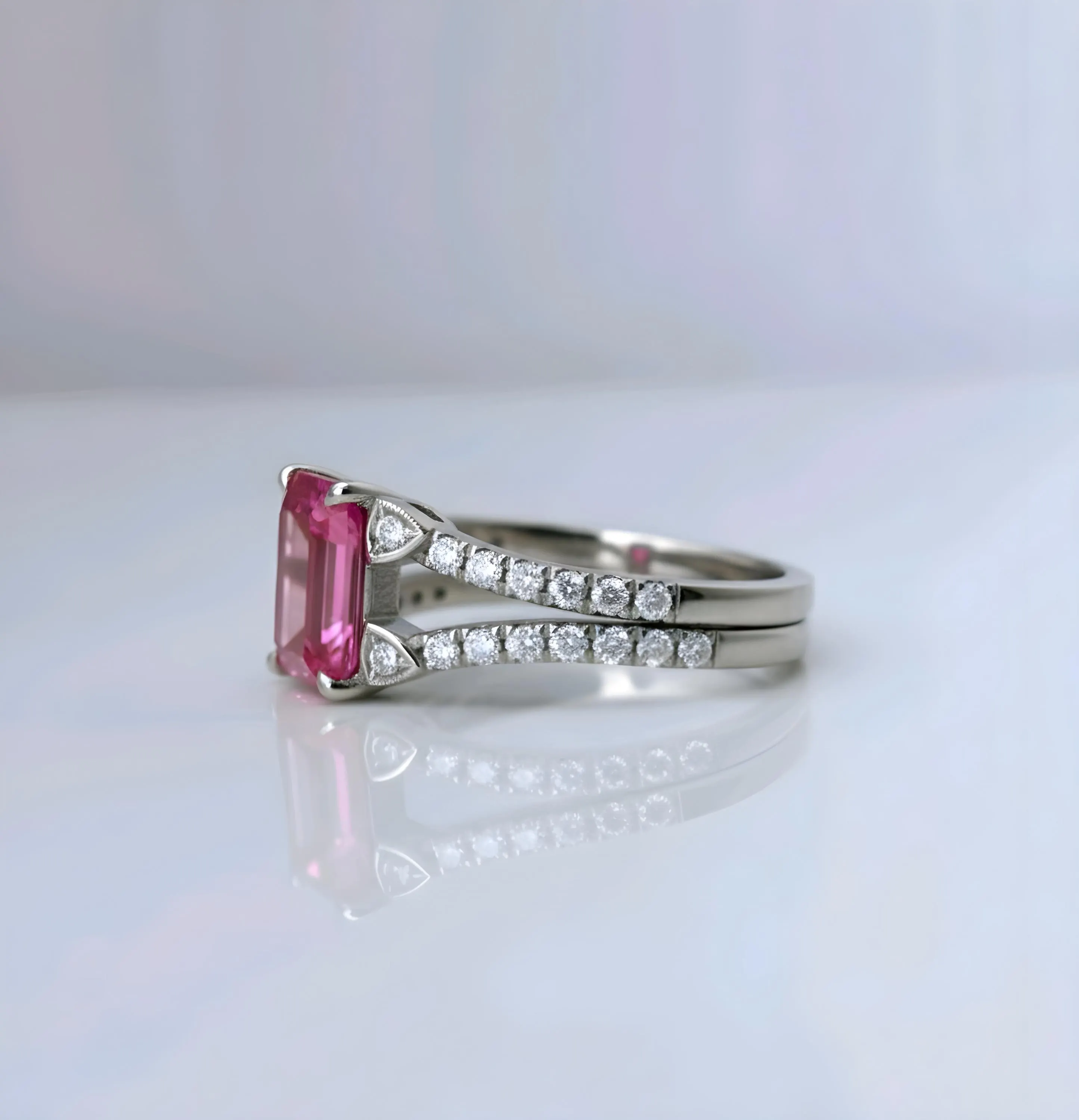 Emerald-Cut Pink Sapphire Ring, Diamond Halo, Sterling Silver - image 5