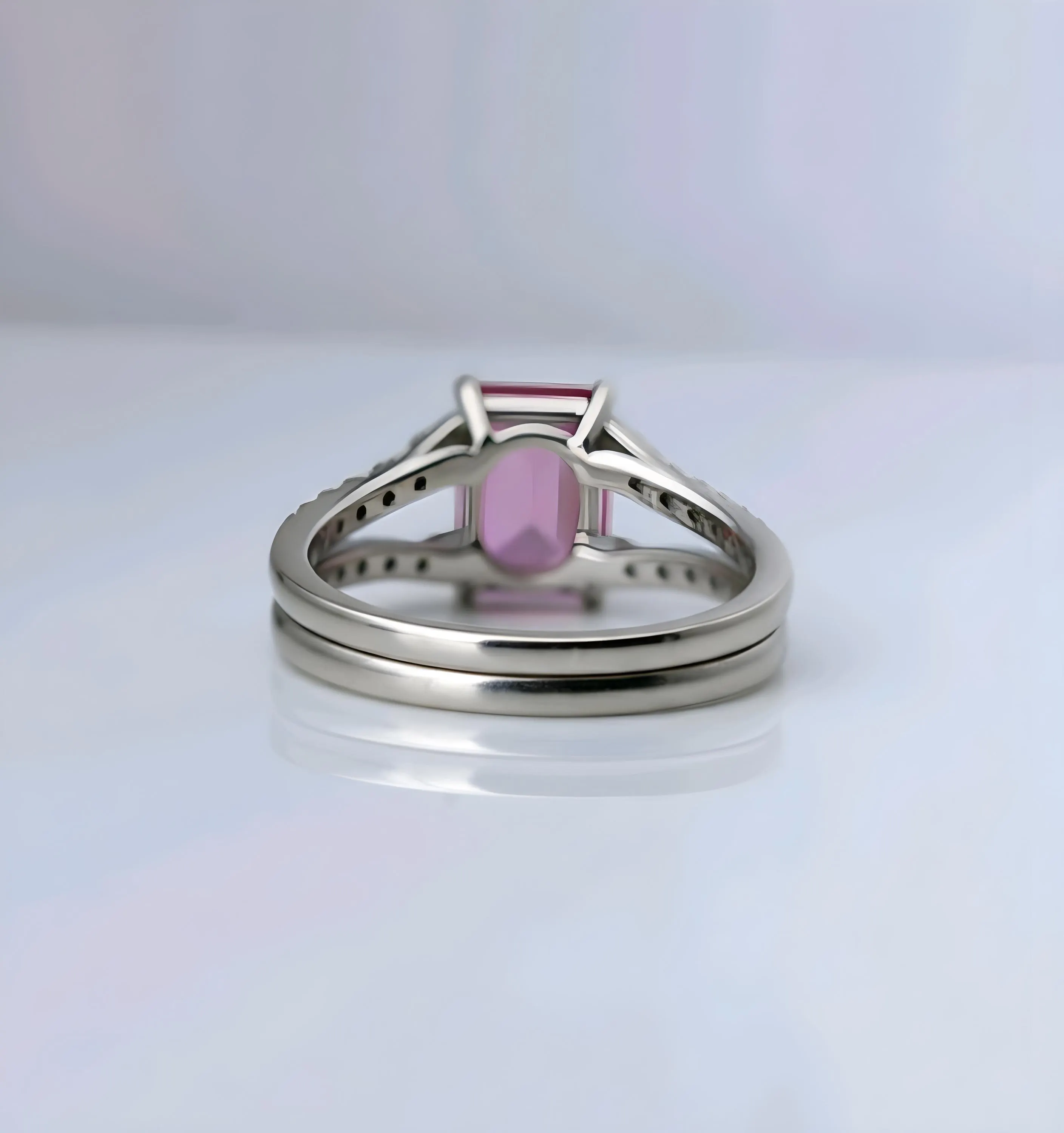 Emerald-Cut Pink Sapphire Ring, Diamond Halo, Sterling Silver - image 3