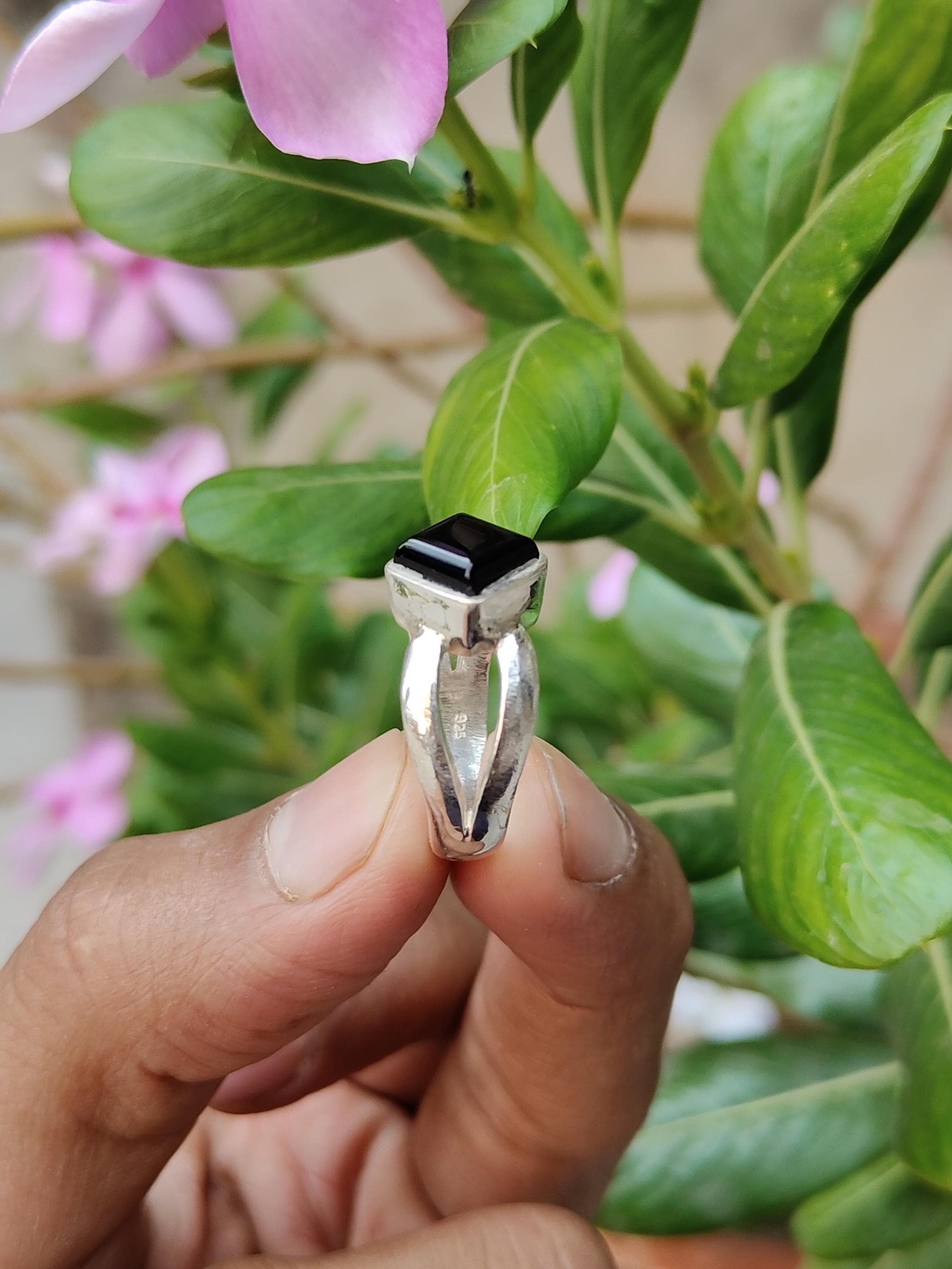 Black Spinel Square Ring: Sterling Silver with Diamond Accent