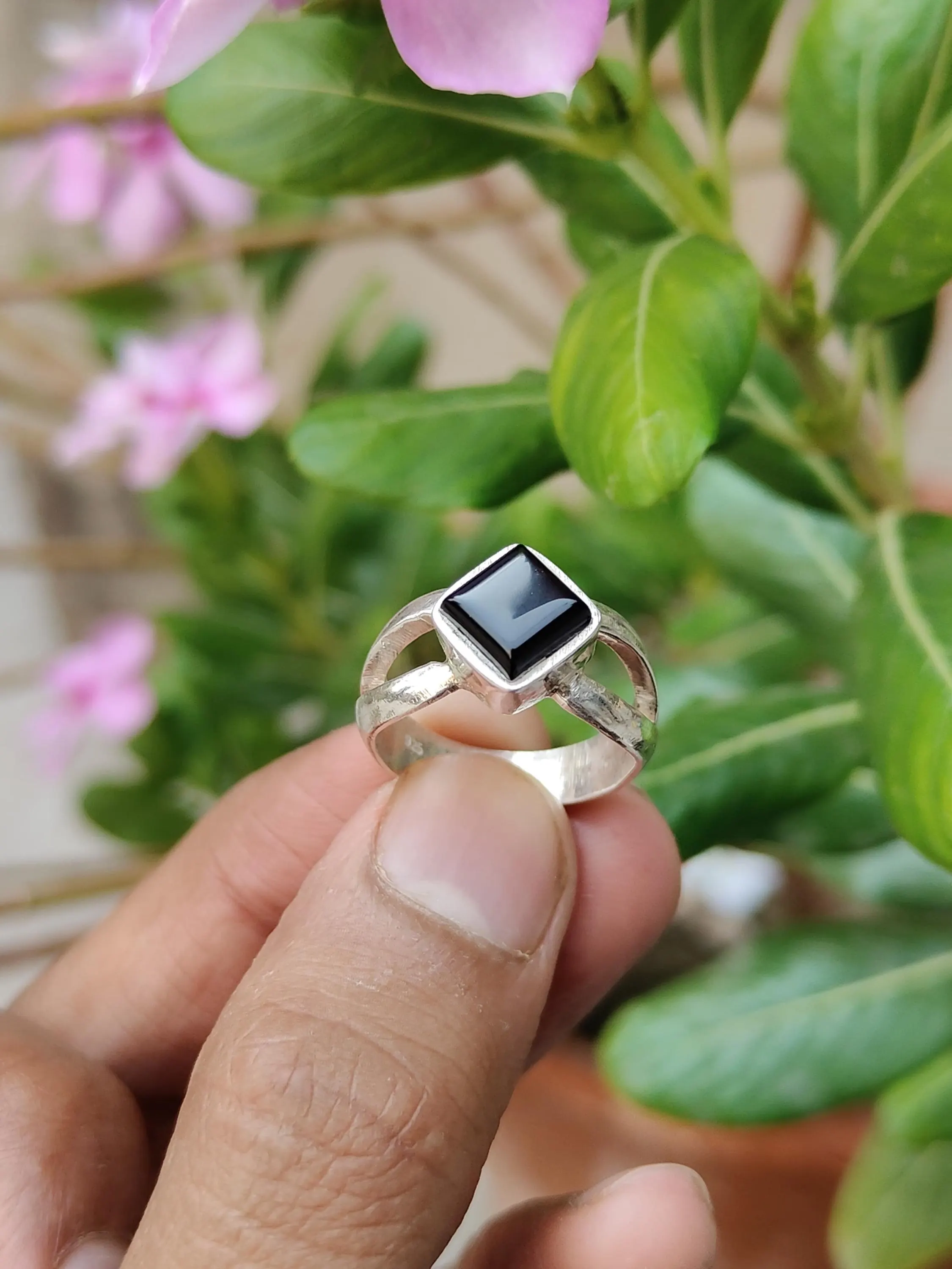 Black Spinel Square Ring: Sterling Silver with Diamond Accent - image 4