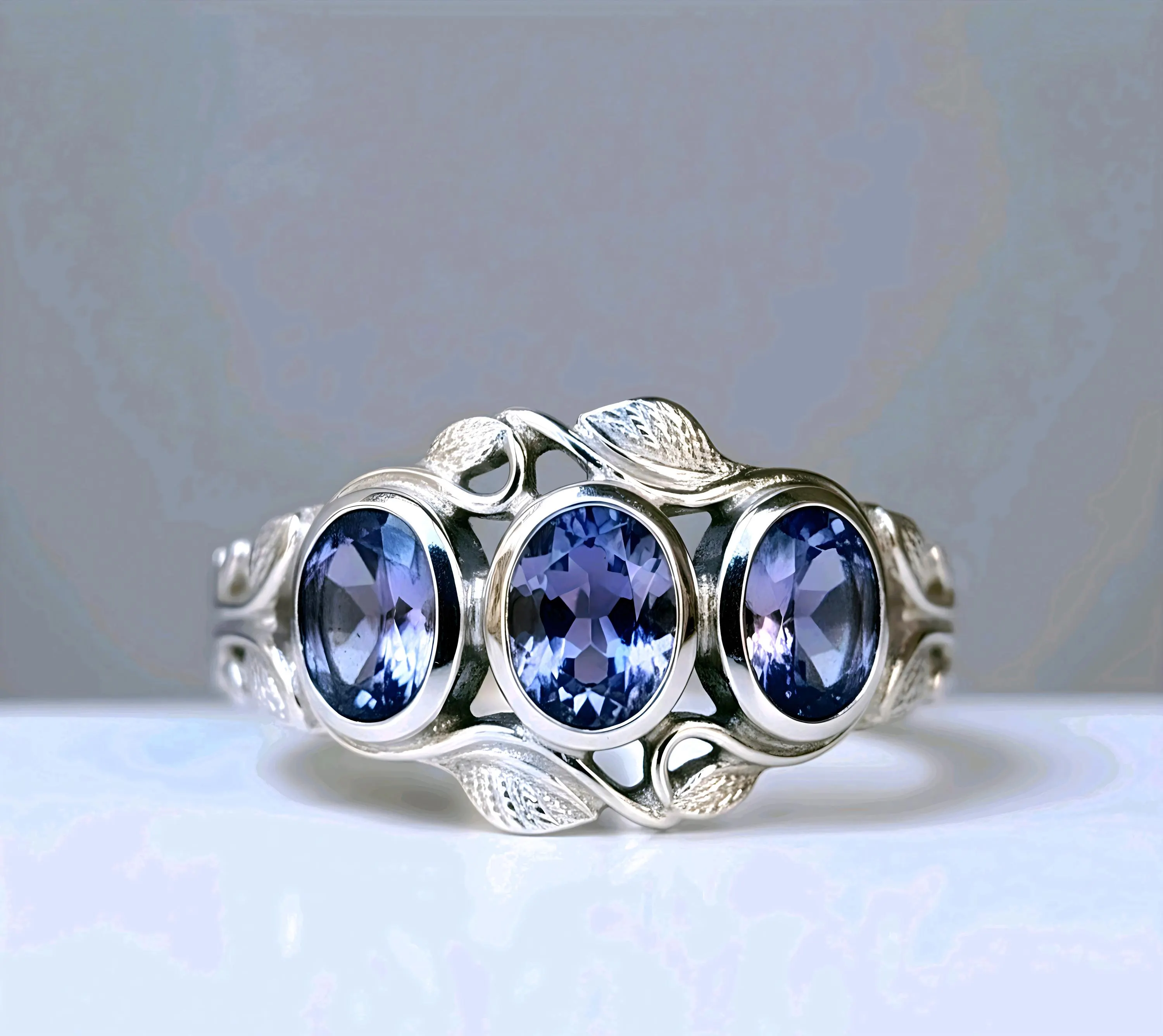 Oval Tanzanite Sterling Silver Ring: Floral Anniversary Gift