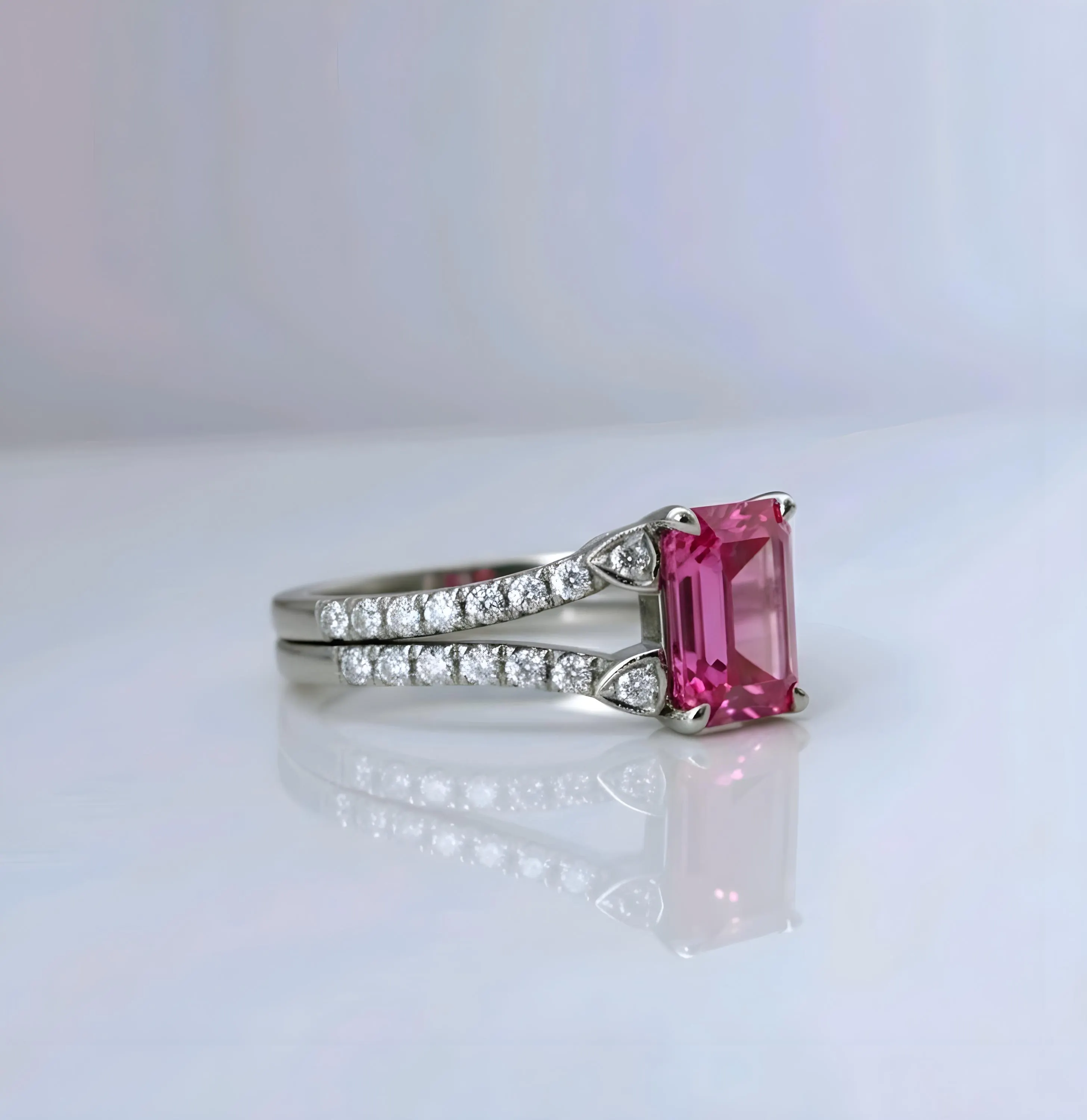 Emerald-Cut Pink Sapphire Ring, Diamond Halo, Sterling Silver - image 2