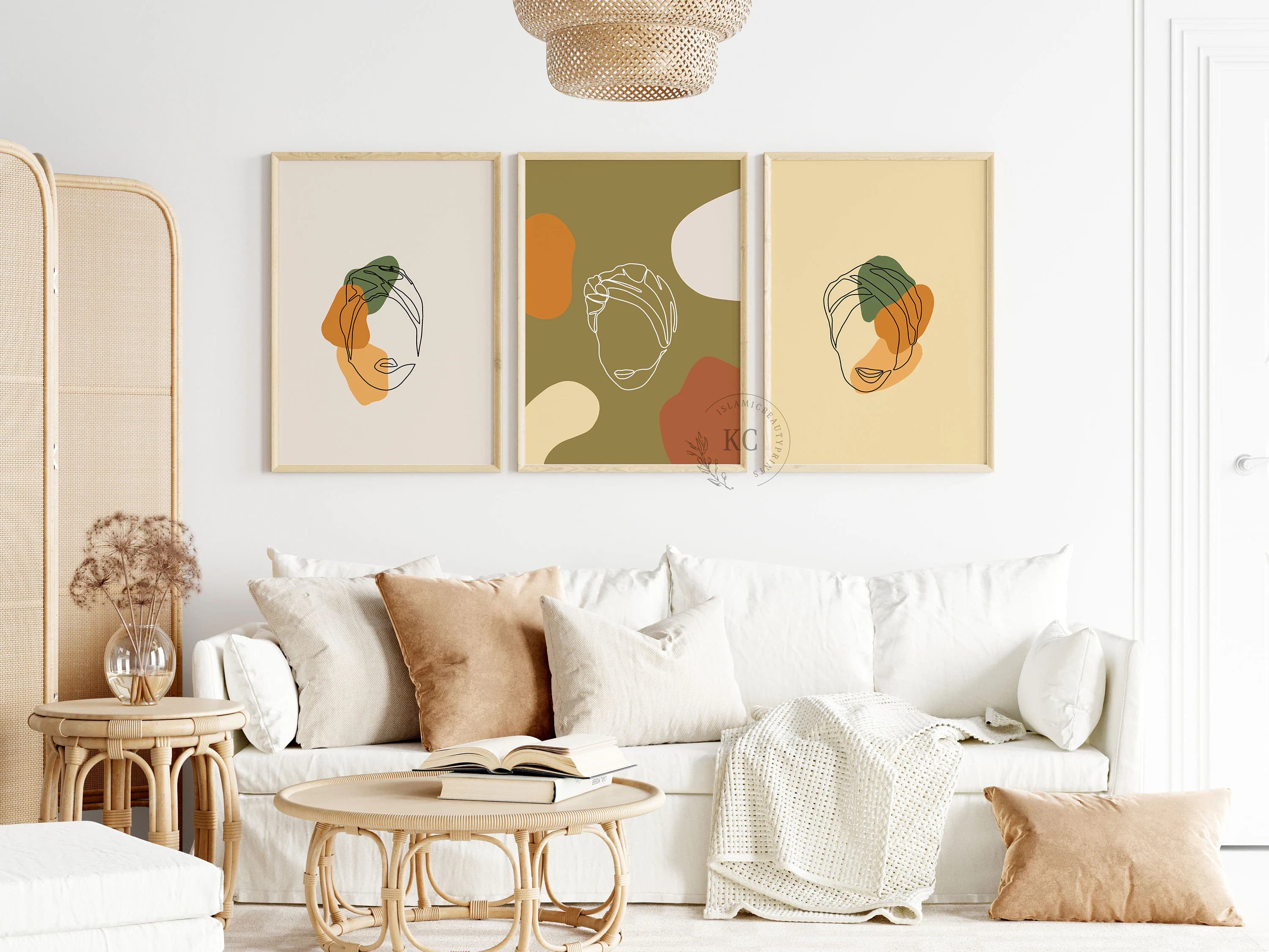 Islamic Digital Print – Hijabi Line Art Set of 3 | Boho Muslim Wall Art | beige, yellow & olive Tones | Hijab Artwork | Instant Download - image 4
