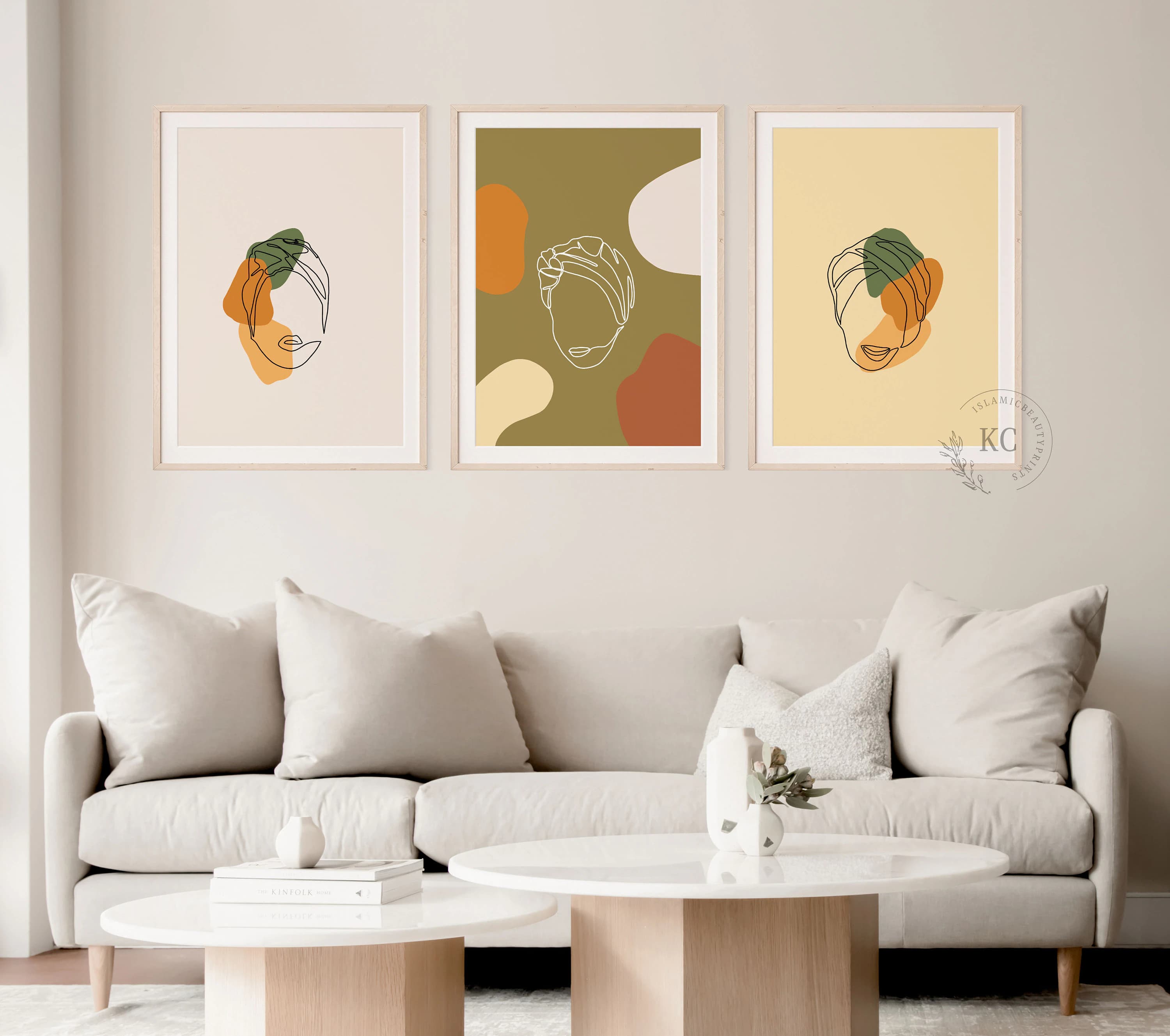 Islamic Digital Print – Hijabi Line Art Set of 3 | Boho Muslim Wall Art | beige, yellow & olive Tones | Hijab Artwork | Instant Download - image 2